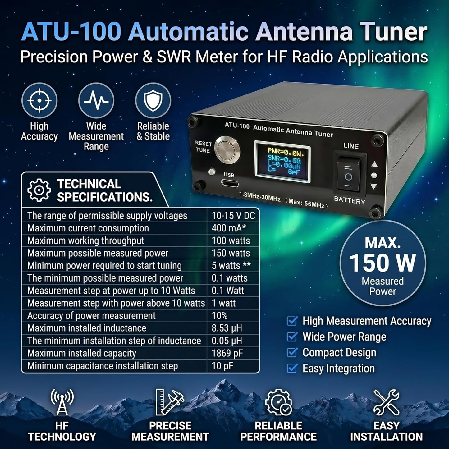 V3.2 ATU-100 EXT Automatic Antenna Tuner for Ham Radio – 1.8-55MHz, Low SWR Tuner, Compact Design, Works with Amateur Radio Equipment, Ideal for POTA/SOTA/DX with 5000mAh Battery