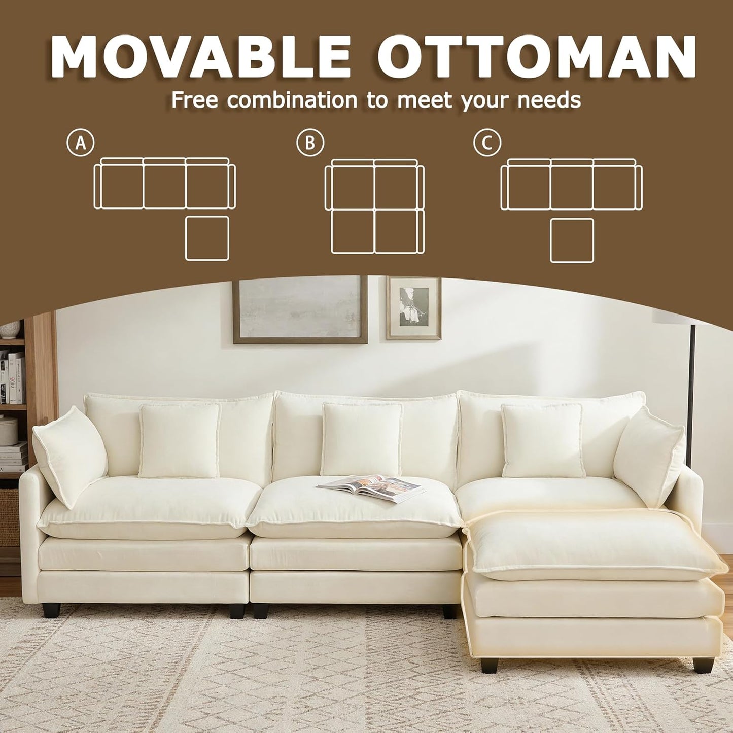 113” Modular Sectional Sofa, L Shaped Cloud Couch with Movable Ottoman, Comfy Chenille Deep Seat Sofa with Throw Pillows, 4 Seat Modern Couches for Living Room Bedroom Apartment, Beige