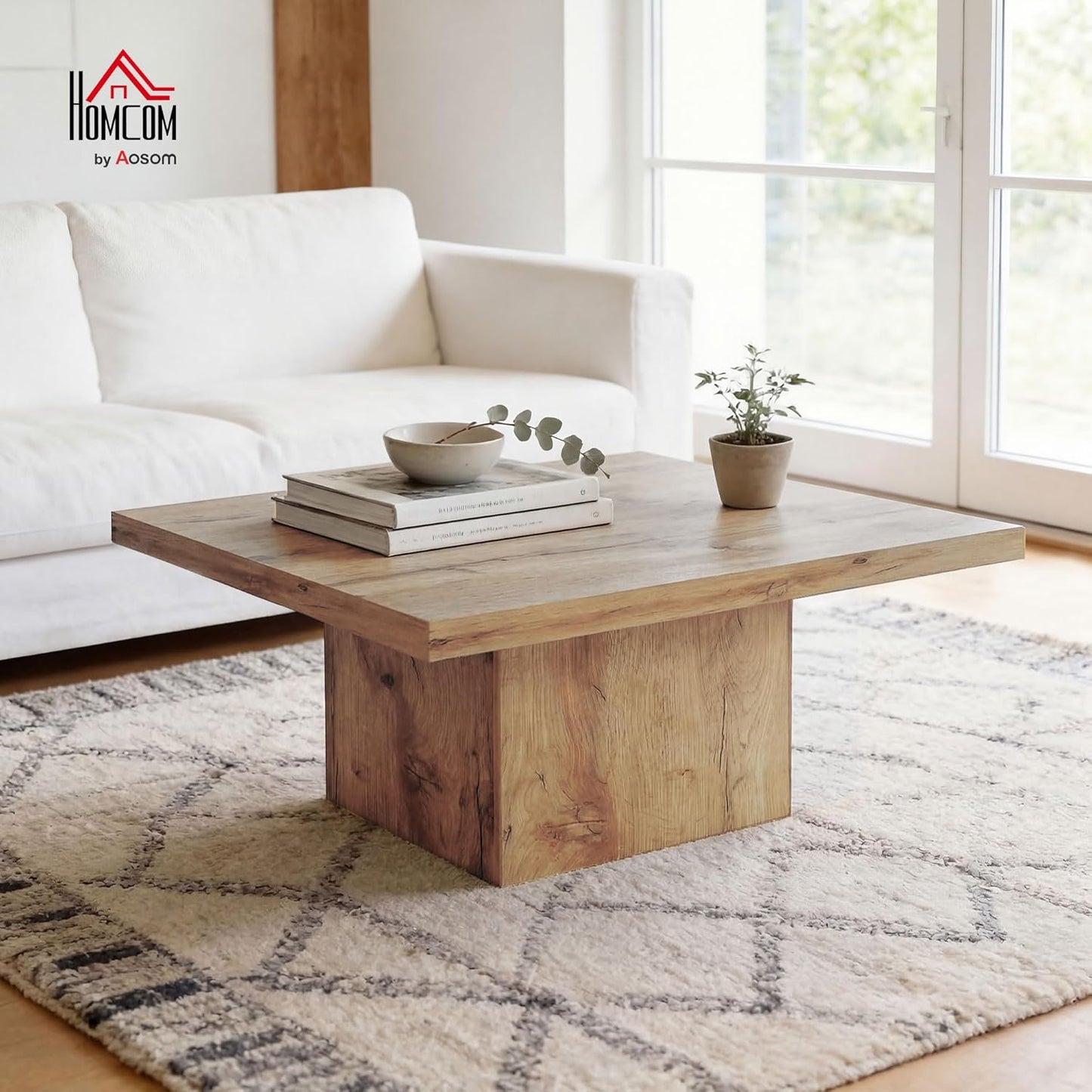 HOMCOM Square Coffee Table, Center Table with 1.6" Thick Tabletop for Living Room, Easy Assembly, 31.5"x31.5", Light Brown Wood Grain