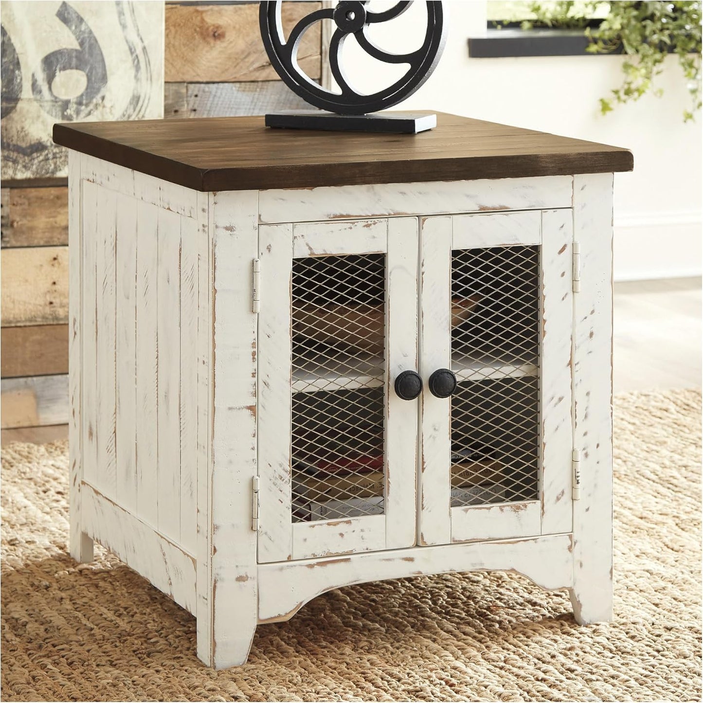 Signature Design by Ashley Wystfield Farmhouse End Table with Storage, Distressed White & Brown Finish