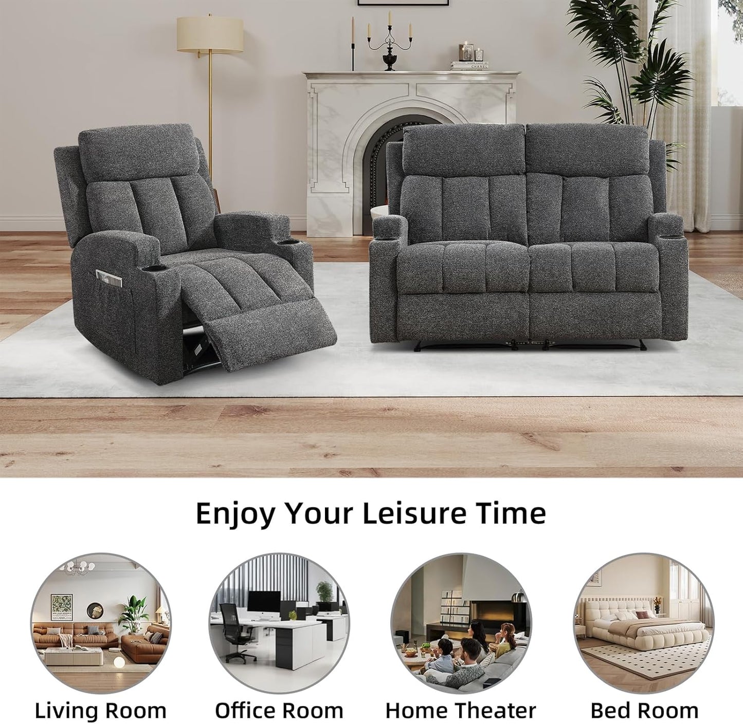 CANMOV Manual Recliner Sofa Set, Fabric Recliner Living Room Furniture Sets, 1 Seat Reclining Chair and a Loveseat Furniture Set with Side Pockets and Cup Holders, Dark Grey