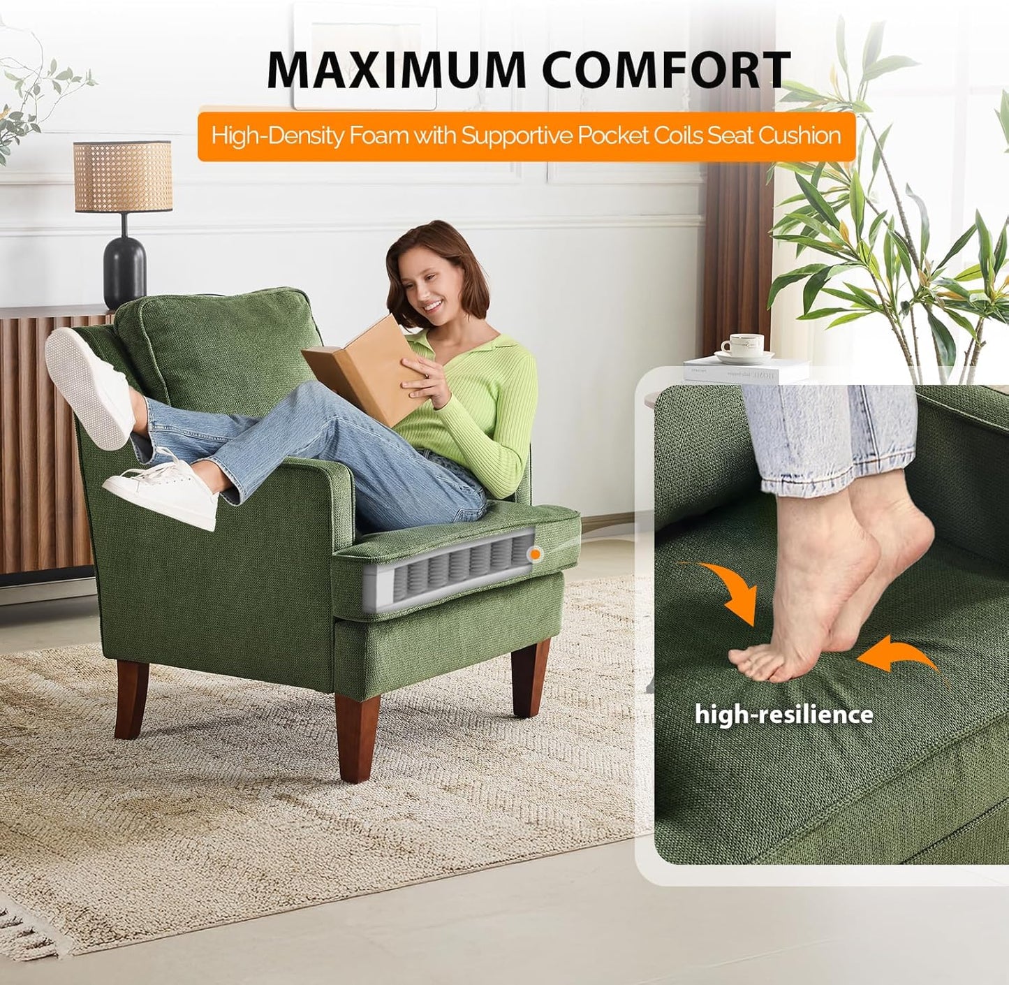 VINGLI Mid-Century Modern Accent Chairs Set of 2, Green Upholstered Armchair Comfy Sofa Chairs Reading Chair High Back for Living Room Bedroom Furniture Apartment