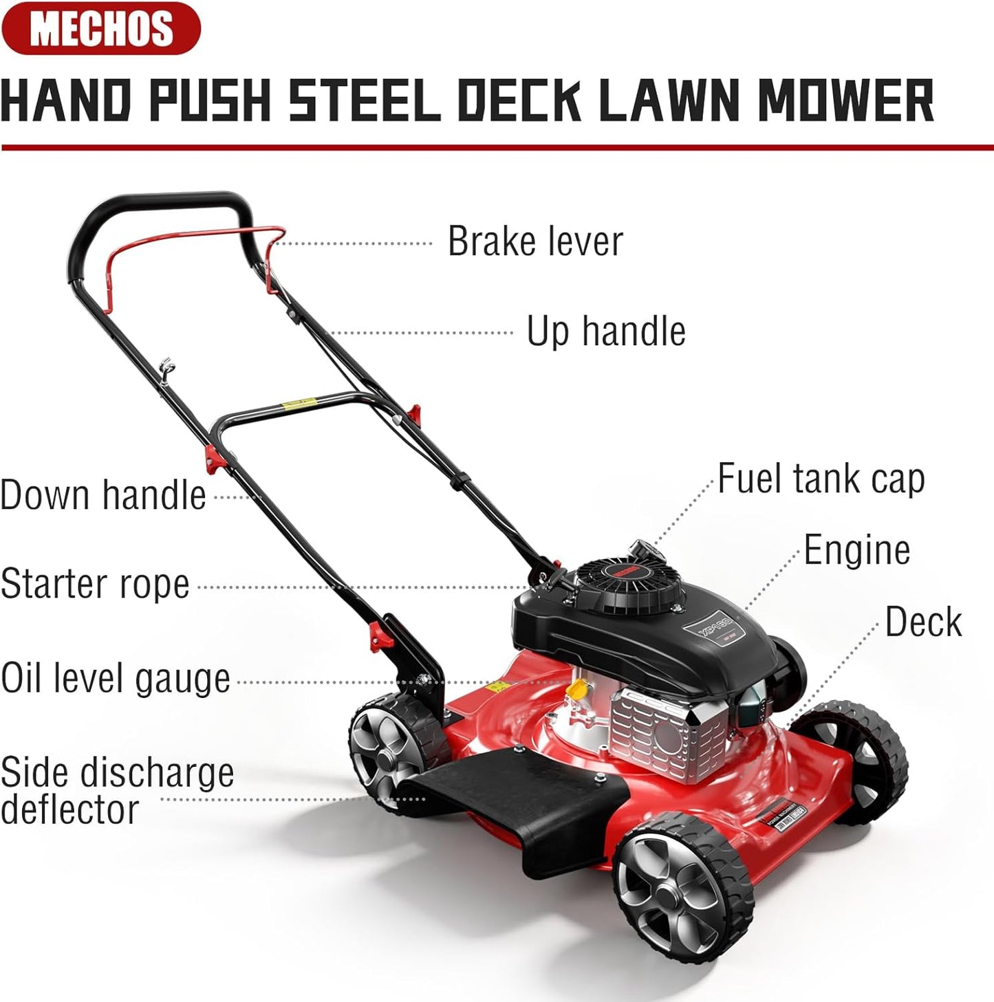 MECHOS 20'' 144cc 4-Cycle Engine 3-Position Cutting Height Adjustment 2-in-1 Gas Walk Behind Lawn Mower, Black, Hand Push
