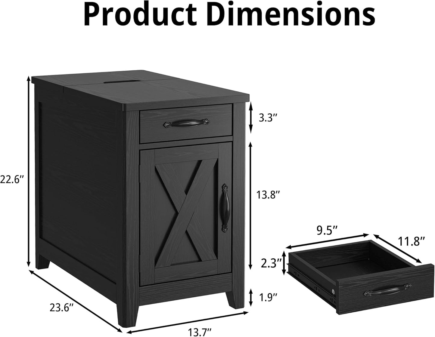 IRONCK End Table with Charging Station, Narrow Side Table for Living Room, Night Stand Set of 2 with Drawer and Cup Holder, Farmhouse Bedside Table with USB Ports and Outlets for Home, Black