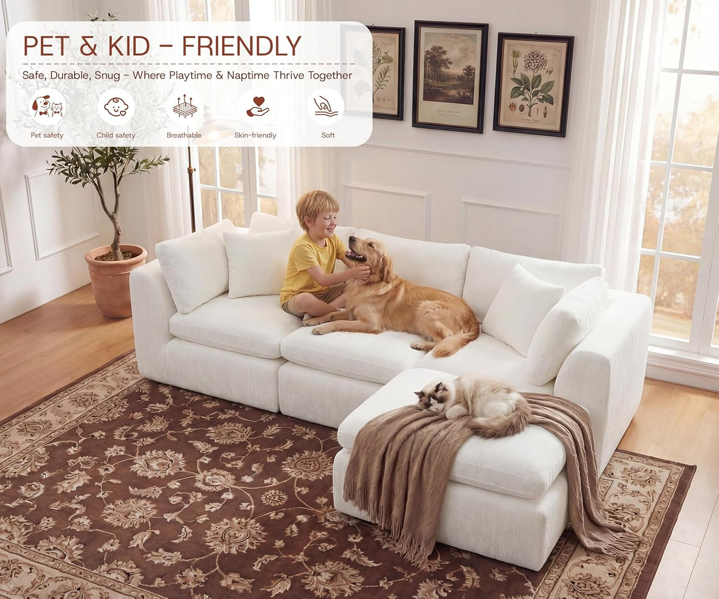 GRUSIGN 110'' Oversized Cloud Sectional Boneless Couch for Living Room, Modern Big Compressed L Shape Couch with Ottoman & 2 Throw Pillows, Chenille Deep Seat Memory Foam Spineless 4 Seater Sofa,Beige