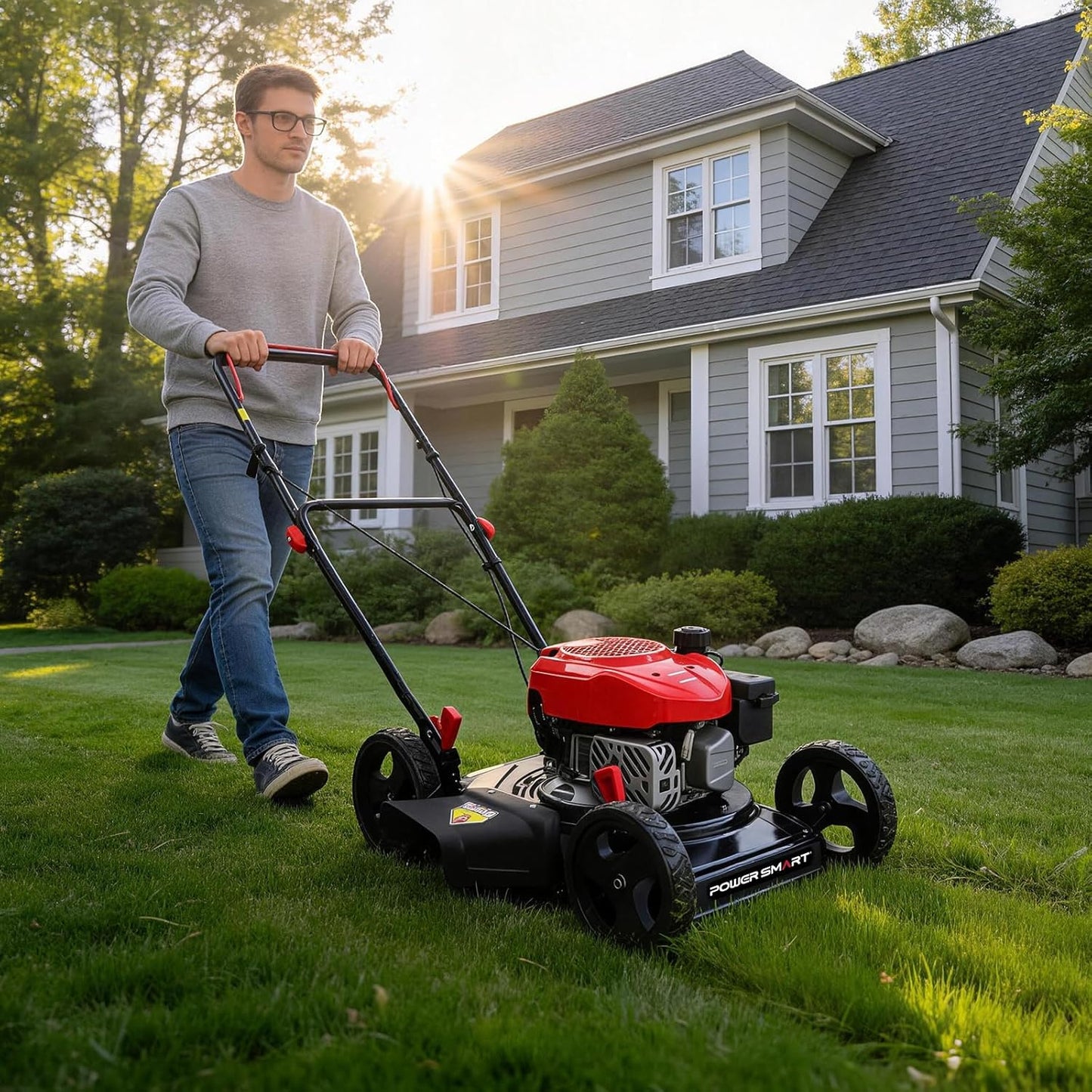 PowerSmart EasyCut 18" 144cc Gas Lawn Mower, Heavy-Duty Steel Deck, Side Discharge, 5-Position Height Setting, Walk-Behind Push Mower with Side Discharge
