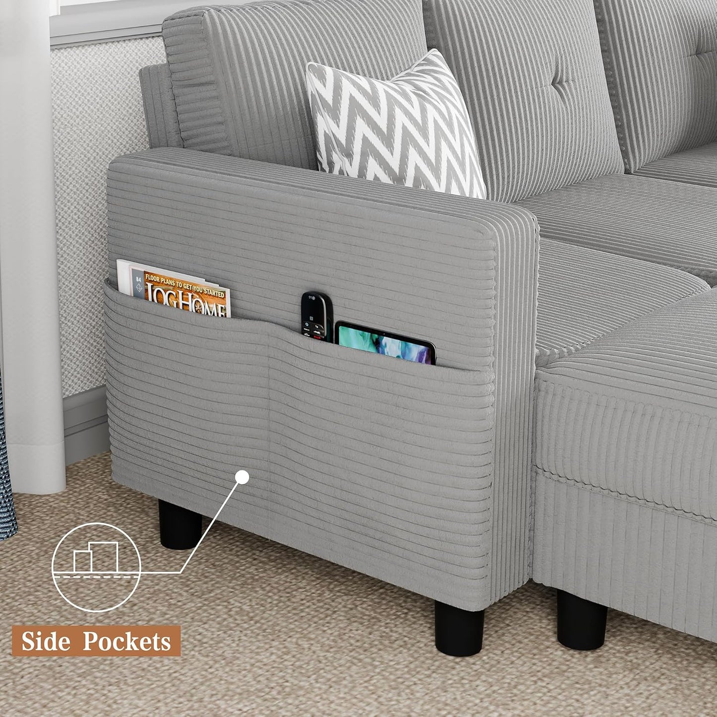 Shintenchi 76" Modern Upholstered Sectional Sofa, L-Shaped Couch with Storage Ottoman and Reversible Chaise for Living Room, Off-Grey Corduroy Fabric