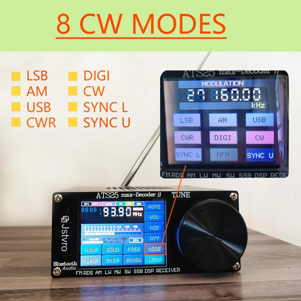 Upgraded SI4732 ATS25 Max-Decoder II Shortwave Radio Receiver, adds Four New Modes CW, RTty Decoding, WiFi, BT and Four Audio Spectrum, HI-Z, Supports AM FM RDS LW MW SW SSB DSP