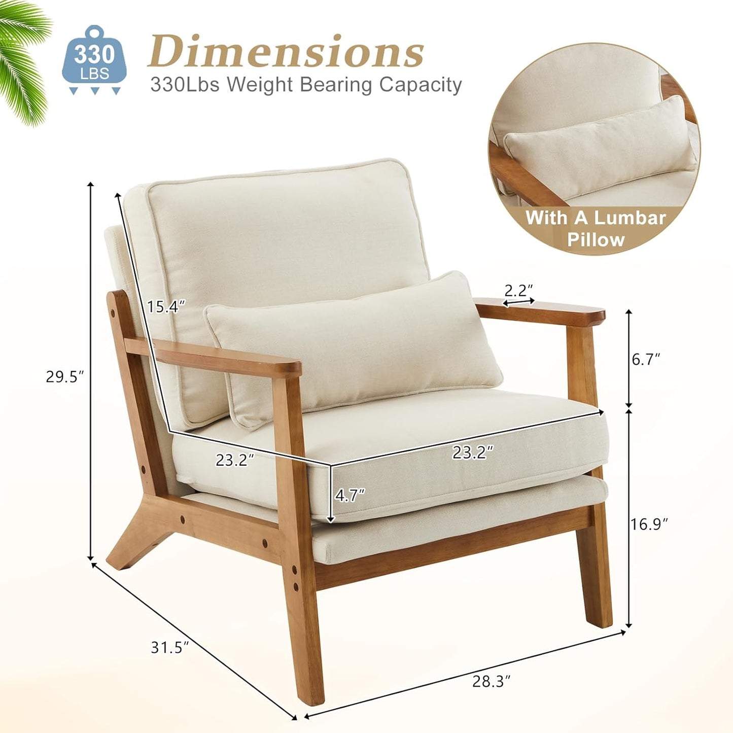 VINGLI Solid Wood Wide Armrests Accent Chair Set of 2,Upholstered Mid Century Modern Chair with Pillow,Farmhouse Arm Chair Comfy Reading Chair,Chairs Living Room,Bedroom,Guest Room,Linen Fabric,Beige