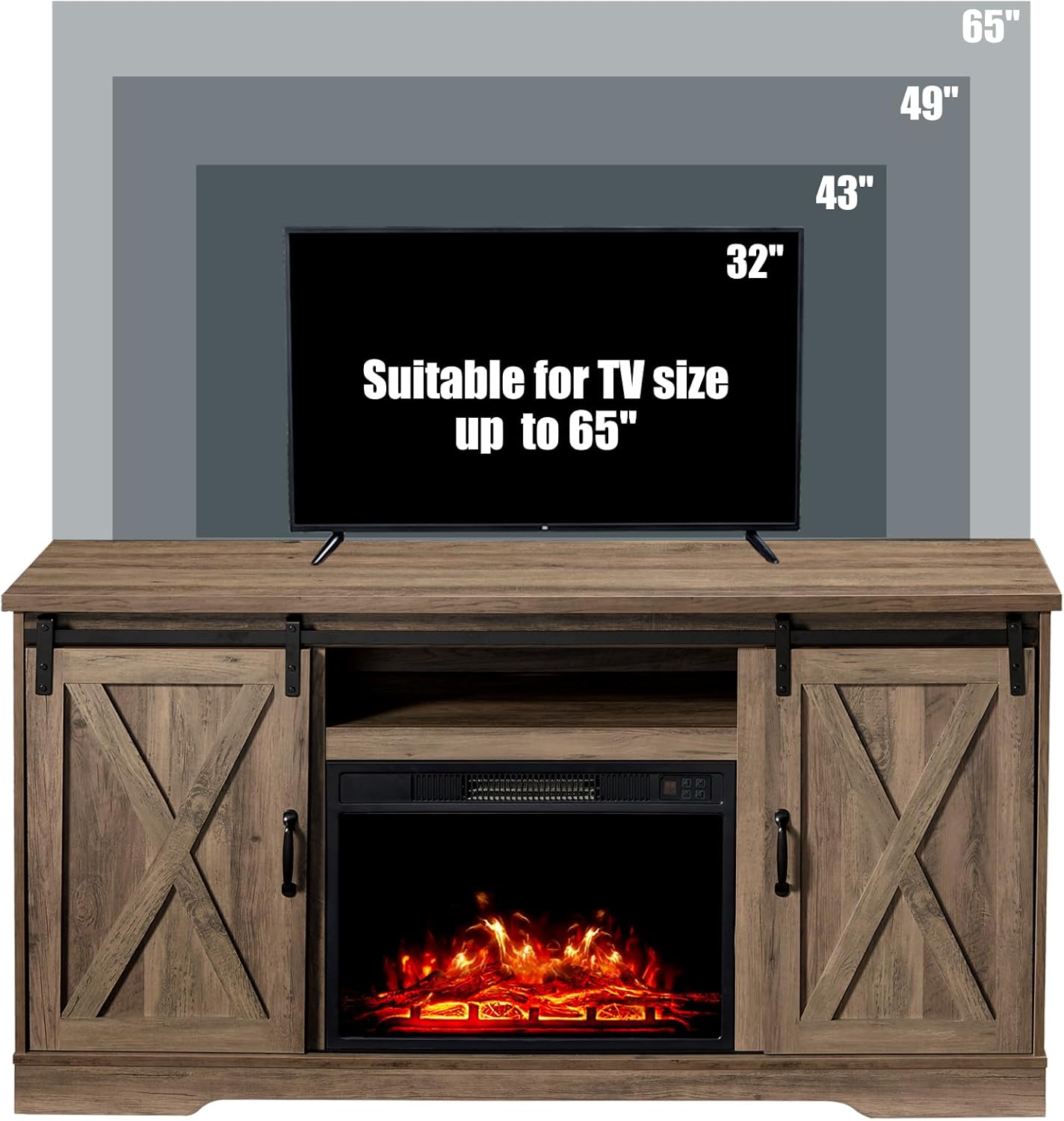 AMERLIFE 5-Piece Farmhouse Table Set Includes Fireplace TV Stand, Coffee Table& Two End Tables with Charging Station and USB Ports, for Living Room, Barnwood