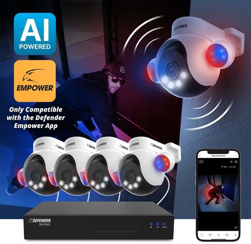 Defender AI Powered Sentinel 4K Wired Security Camera System, 360° PTZ Security Camera System with AI Tracking, Smart Human Detection, Blue-Red Light Deterrence, and Color Night Vision | 4 Cameras 1TB