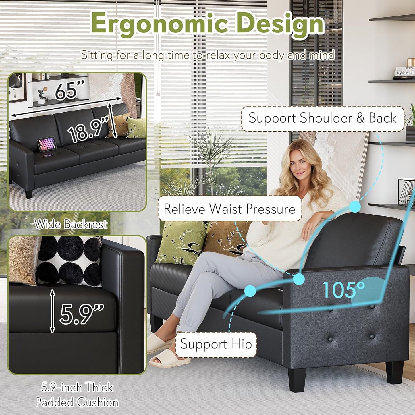 STHOUYN Black Faux Leather 3 Seater Sofa, Loveseat and Accent Chair, Modern Comfy Office Furniture Set, Small Love Seat Couch with Tufted Armrest and USB, 3 Pieces Living Room Furniture Sets (3+2+1)
