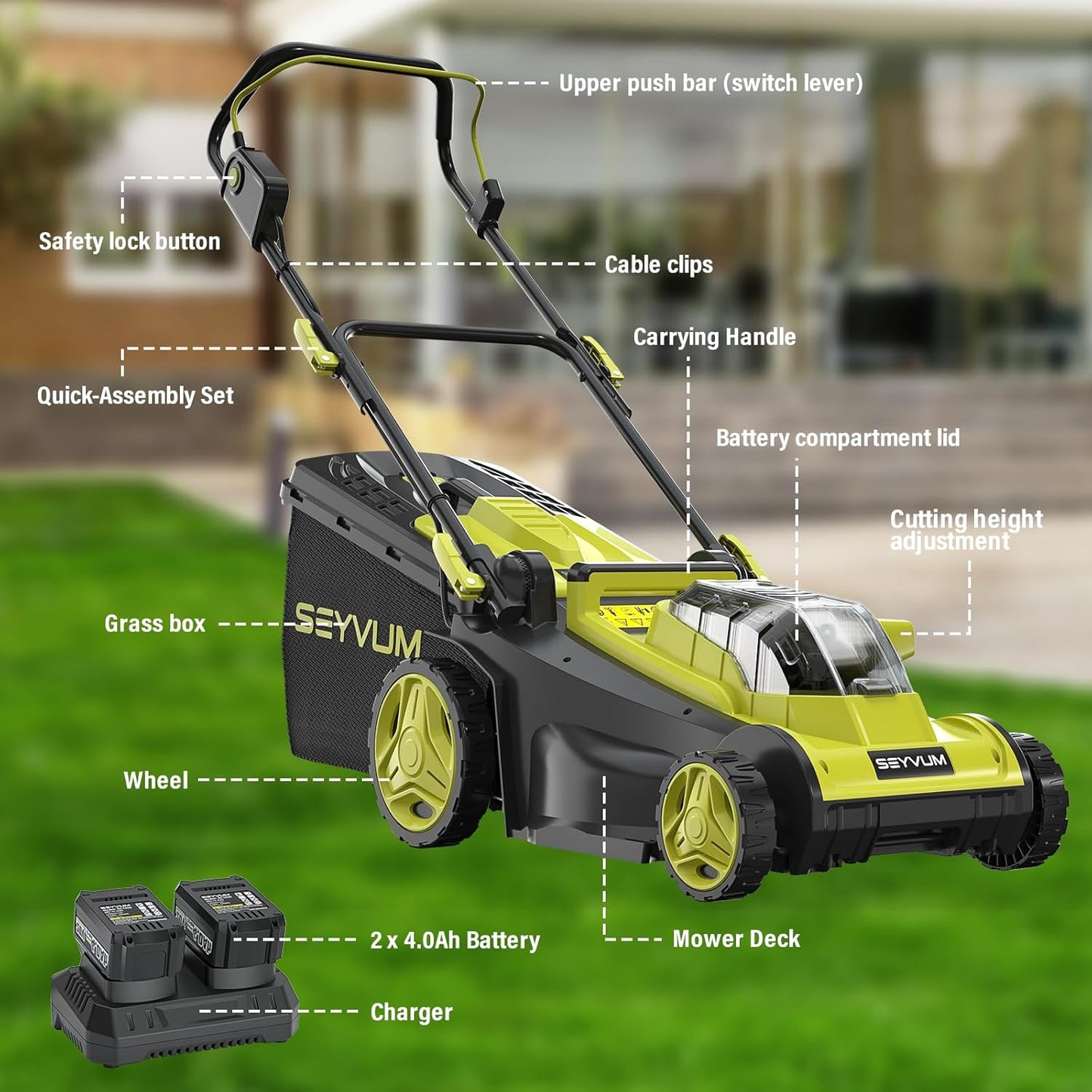 SEYVUM 40V 16-inch Cordless Lawn Mower with 45L Grass Collection Bag, 6 Position Height Adjustment Electric Lawn Mower, 2 x 20V 4.0Ah Battery Powered Push Lawnmower, 2.4A Fast Charger, Lemon Green