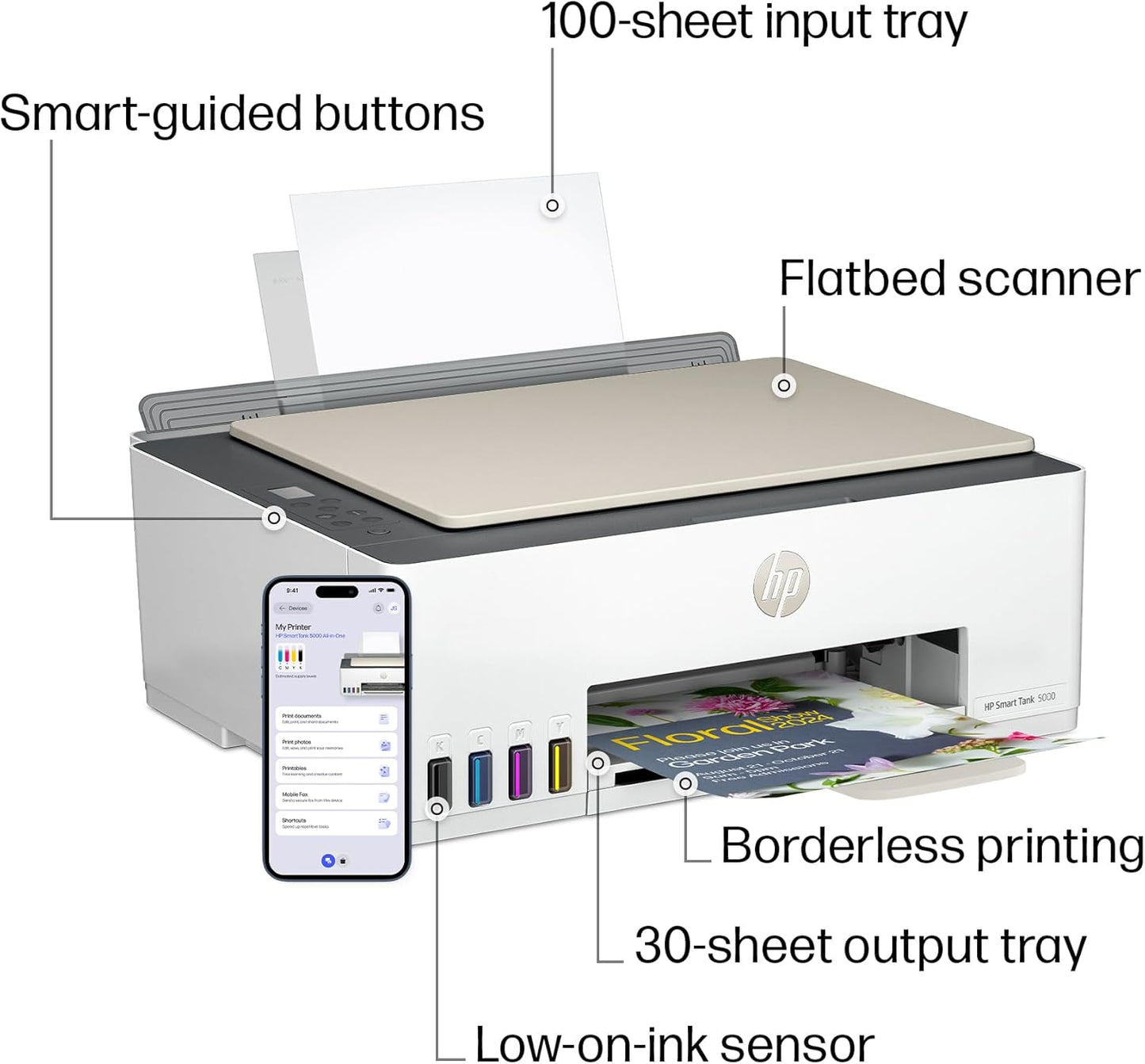 HP Smart Tank 5000 Wireless All-in-One Ink Tank Printer, Scanner, Copier with 2 Years of Ink Included, Best-for-Home, Cartridge-Free, Refillable, AI-Enabled, an EcoTank Alternative (5D1B6A)