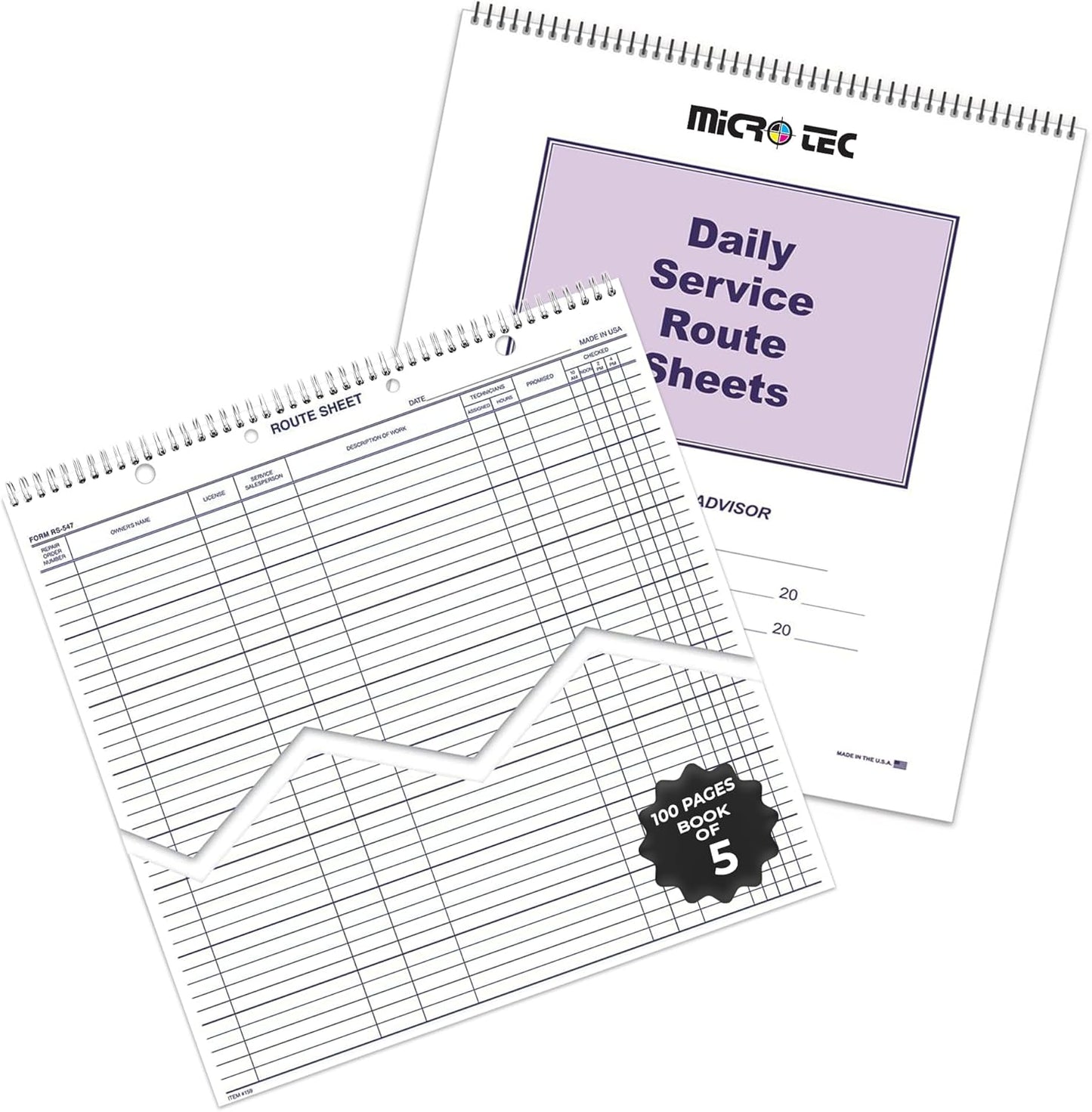 MICRO TEC Daily Service Route Sheets – 12" x 15" Daily Schedule & Appointment Sheets – Spiral Bound Route Planner on 100# Tag Stock Paper – Blue Ink Print – 100 Pages/Book (Book of 5)