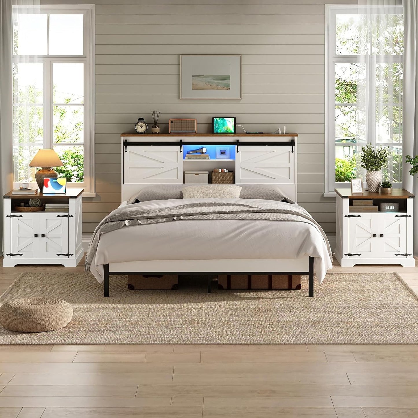 HOOBRO Farmhouse End Tables Set of 2 with Charging Station, 23.6" Large End Table for Living Room, Sofa Side Table with Barn Door, Wooden Square Nightstand Bedside Table, White and Walnut WH601UBZP201