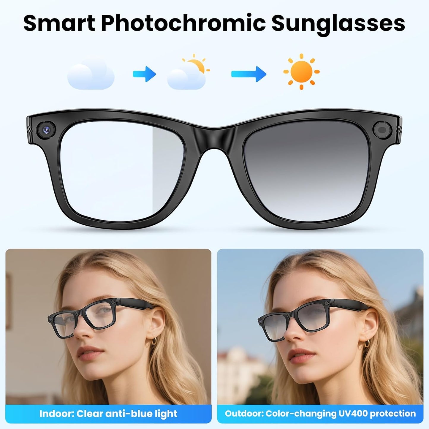 Mingtawn AI Smart Glasses 4K HD Camera, BT Call, 800W Anti-Shake Camera Glasses with Video Recording Dual Mic, Simultaneous Interpretation/GPT Identify Objects, 270mAh Photochromic Glasses（Black