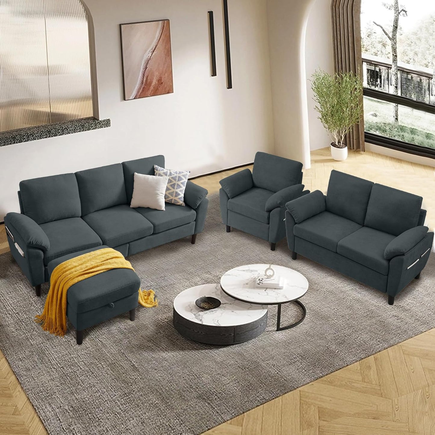 4 Piece Convertible Sectional Sofa Set, Modern Linen Small L Shaped Couch with Reversible Chaise, 3-Seater Sofa & Loveseat & Armchair for Living Room, Office, Apartment, Dark Grey