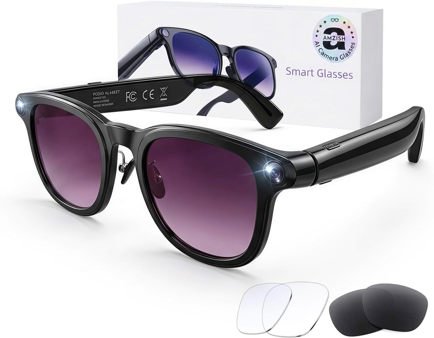 AI Smart Glasses with Camera, 8MP HD Bluetooth Camera Glasses, 1080P Video Recording Sunglasses for Women Men, Real Time Translation, Voice Assistant, Open-Ear Audio for Travel, Work Vlog (3 lenses)