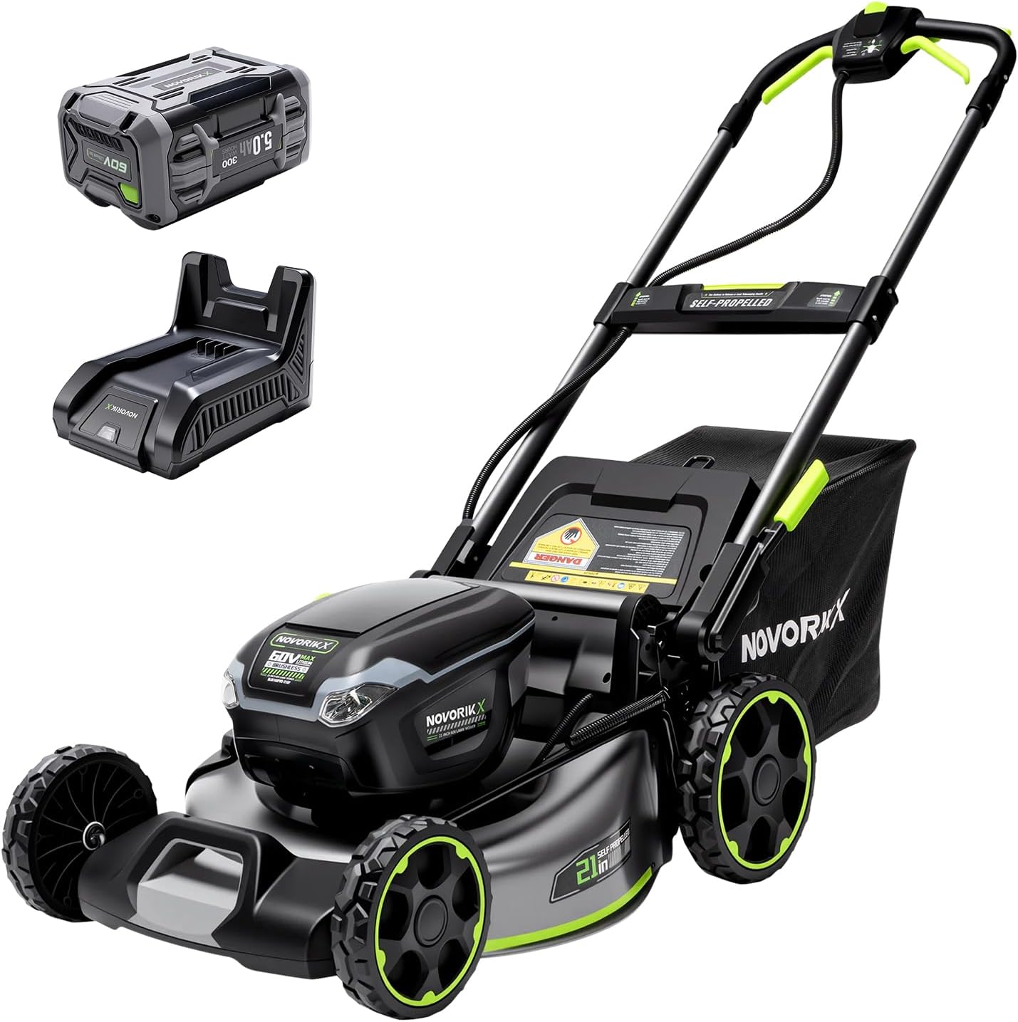 NovorikX 60V 5Ah Self-Propelled Electric Cordless Lawn Mower with 5.0Ah Battery 21-Inch, Brushless Mower for Large Yards, LED Headlight, Rapid Charger 3-in-1 Versatility Obsidian Series