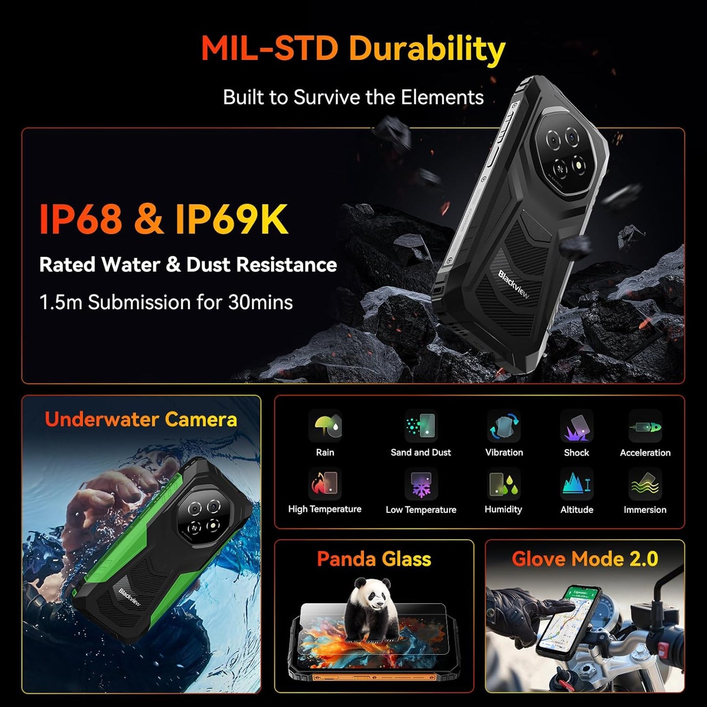 Blackview Fort 1 Rugged Phone Android 15, 18GB+256GB 2TB Expand 10000mAh Battery Rugged Smartphone Unlocked, Gemini AI 6.56 Inch 90Hz, 4G T-Mobile Dual SIM IP69K Waterproof, Fingerprint/NFC/OTG/GPS