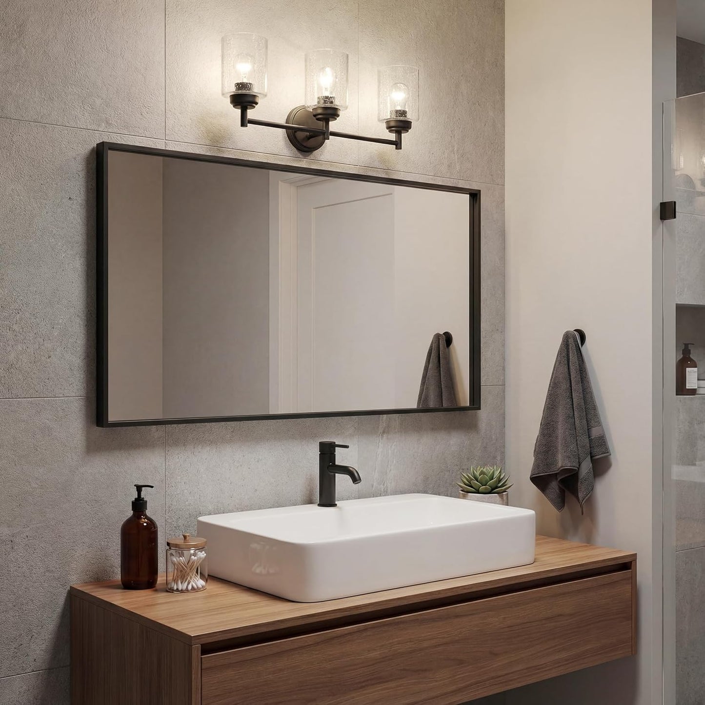 Kichler Winslow 21.5" 3-Light Bathroom Vanity Light Fixture with Clear Seeded Glass in Black, Modern Wall Mount Lighting for Mirror over Vanity in Bathroom, 45886BK
