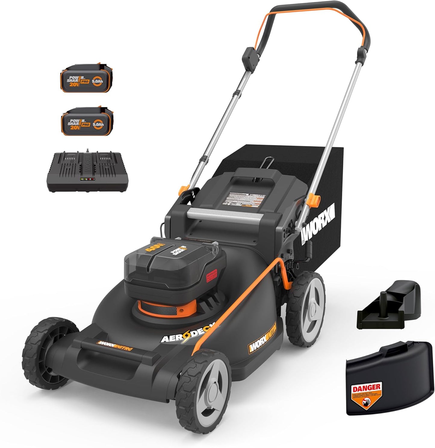 WORX Nitro 21" Cordless Lawn Mower, Brushless Electric Mower for 1/2 Acre, Push Lawn Mower with 7-Position Height Adjustment, 2 × 5.0 Ah Batteries & Charger Included, WG752