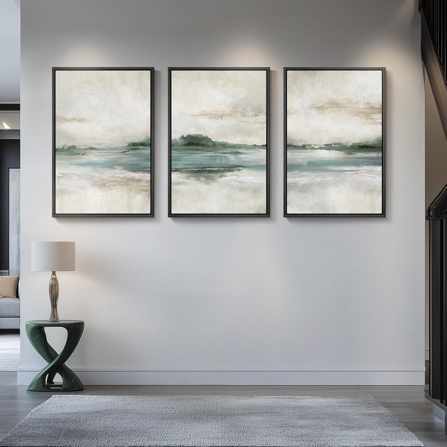 Large Framed Abstract Nature Landscape Wall Art for Living Room, Set of 3 Modern Canvas Prints Paintings Artwork for Walls, Green Lake Pictures for Hallway, Dining Room, Office Wall Decor 24x36 Inch