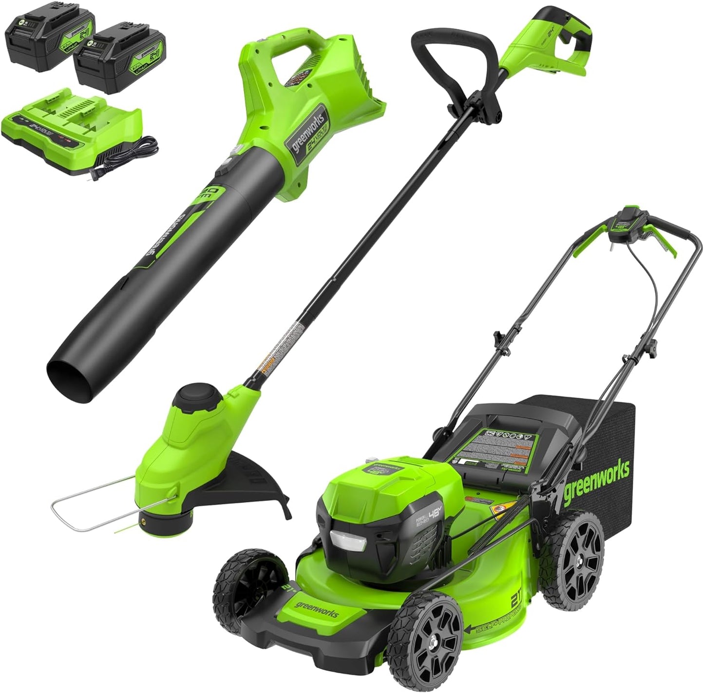 Greenworks 48V (24V x 2) 21" Brushless Self-Propelled Mower+12" String Trimmer+320CFM Blower,(2) 5.0Ah Batteries and 4A Dual Port Charger