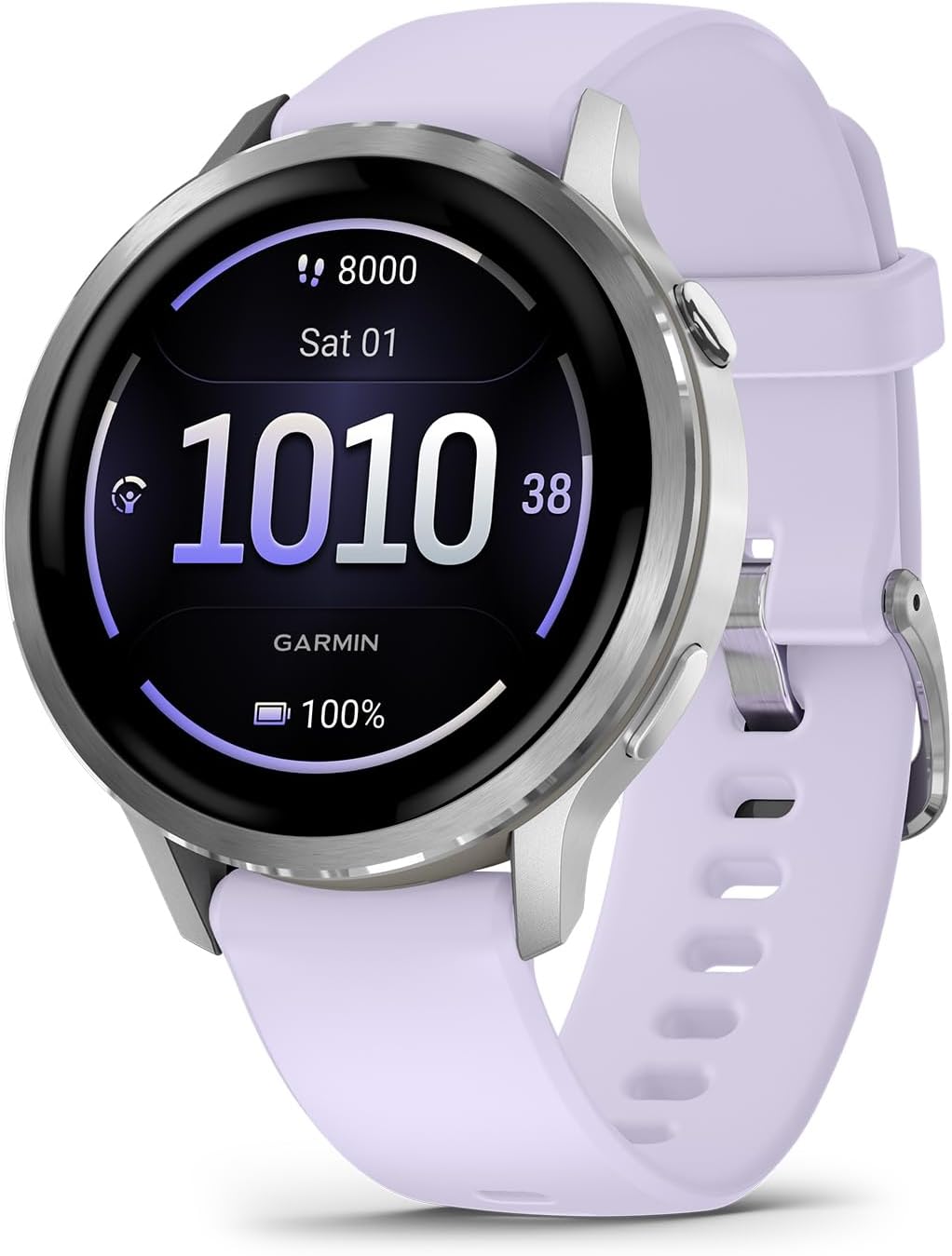 Garmin Venu 4, 41mm, Advanced Fitness Tracker GPS Smartwatch, 1.2" AMOLED Display, Built-in Flashlight, 10 Days of Battery Life, Silver with Periwinkle Silicone Band (Watch Bundle)