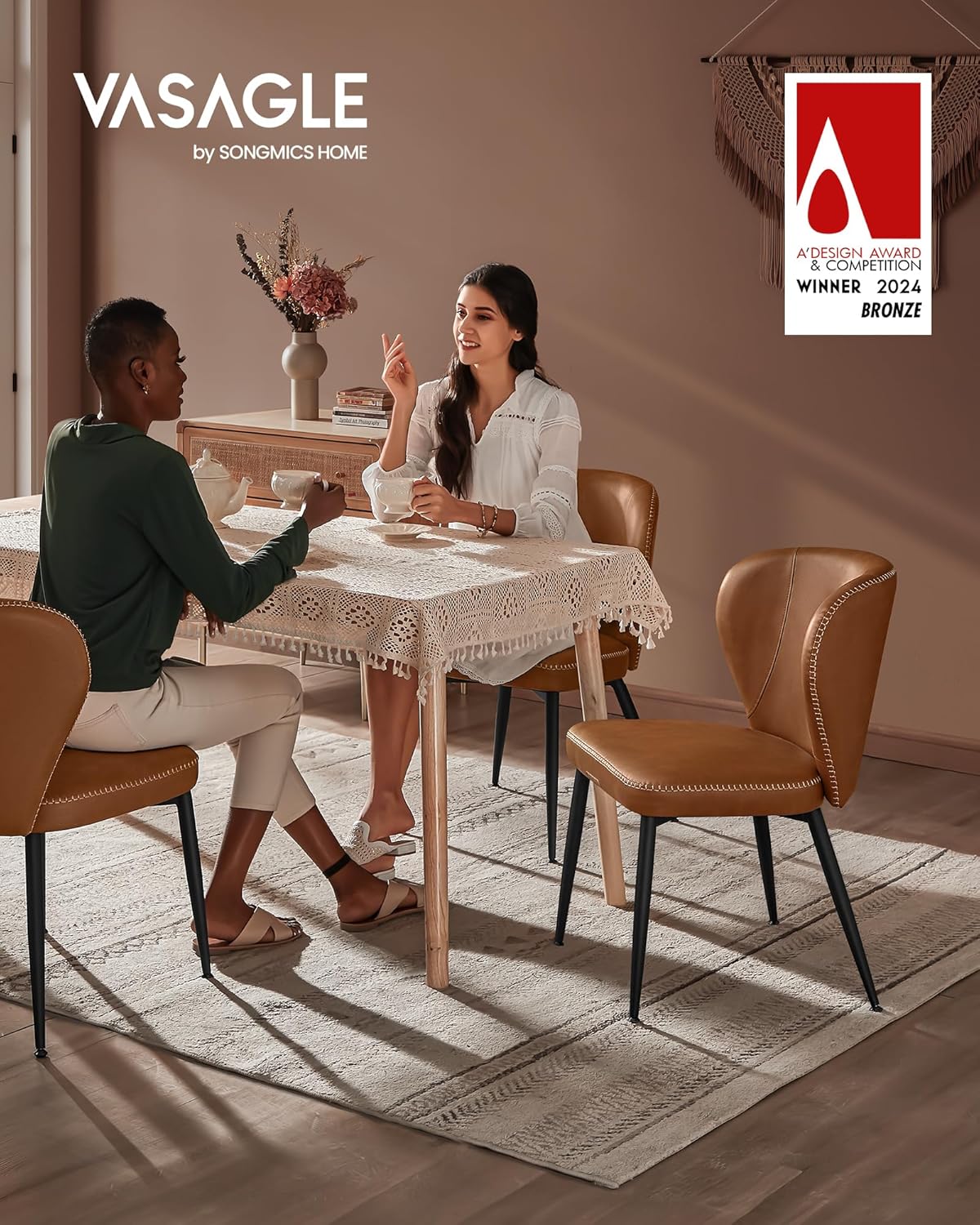 VASAGLE EKHO Collection - Dining Chairs Set of 4, Upholstered Kitchen Chairs, Comfortable Seat, Synthetic Leather with Stitching, Mid-Century Modern, Easy Assembly, Living Room Lounge, Caramel Brown