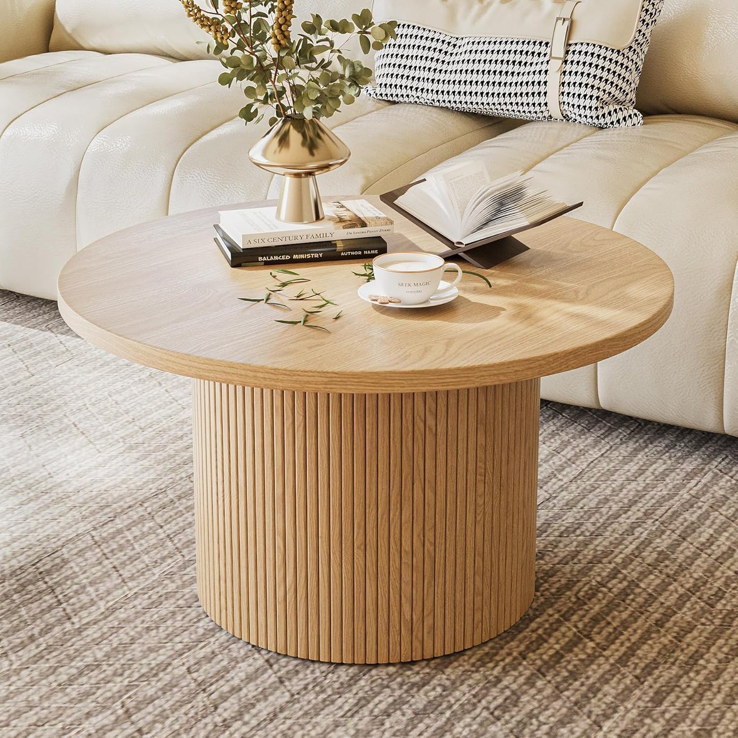 MAISONARIA Living Room Table Sets of 4, Sliding Doors End Table & TV Stand, Wood Coffee Table with Storage, Fluted TV Stand for Bedroom, Living Room (Natural)