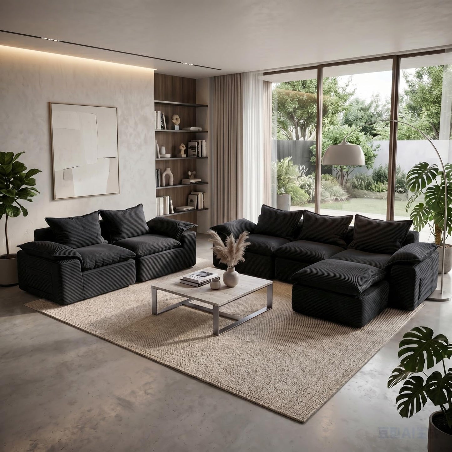 2 Pieces Cloud Sectional Couch Sets, Convertible Modular Sofa with Deep Seat, 104" L-Shaped Boneless Couches and 76" Loveseat Set for Living Room. Black