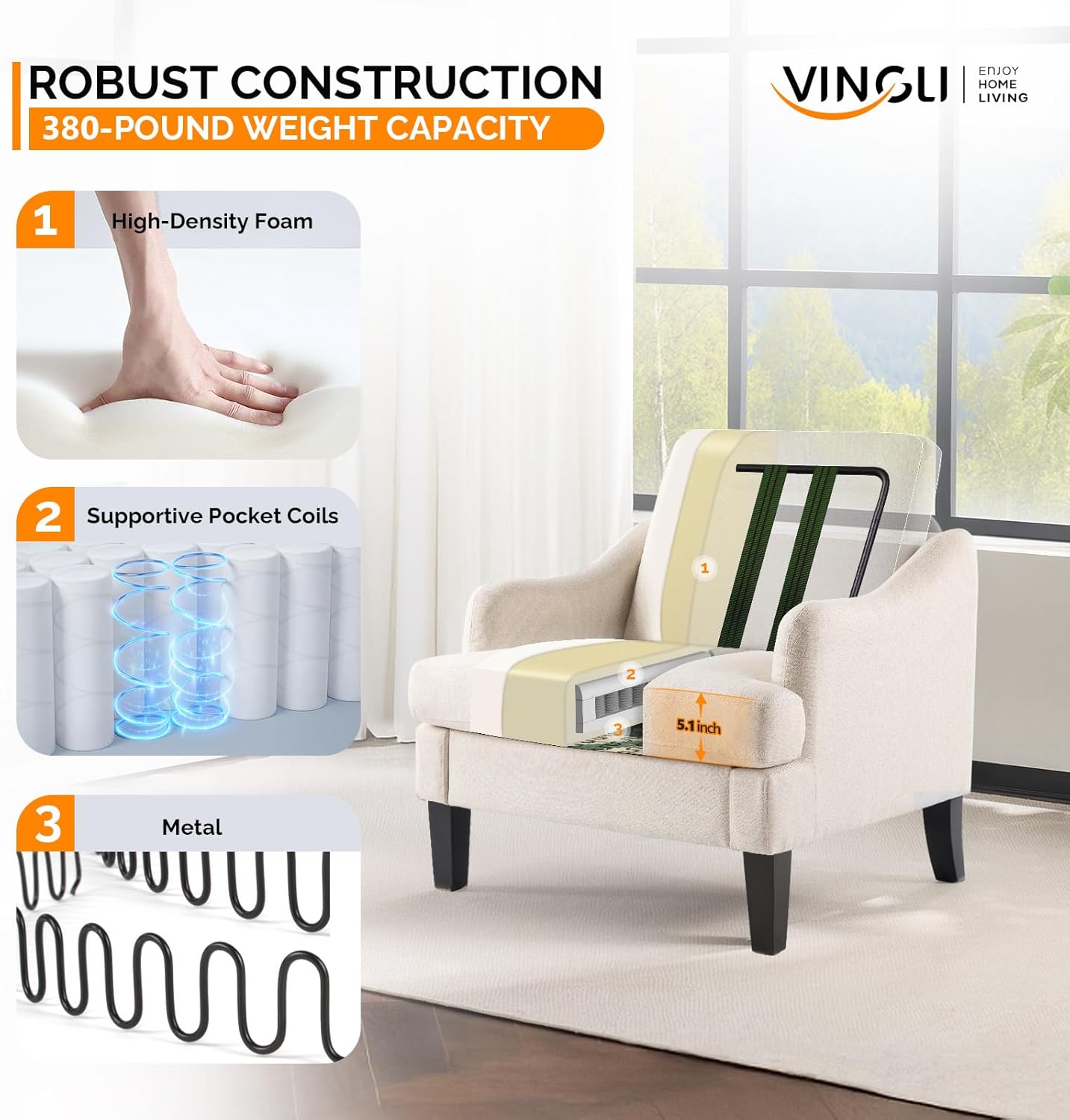 VINGLI Linen Fabric Accent Chairs Set of 2, Beige Modern Upholstered Armchair, Comfy Sofa Chair Living Room Bedroom Furniture for Apartment