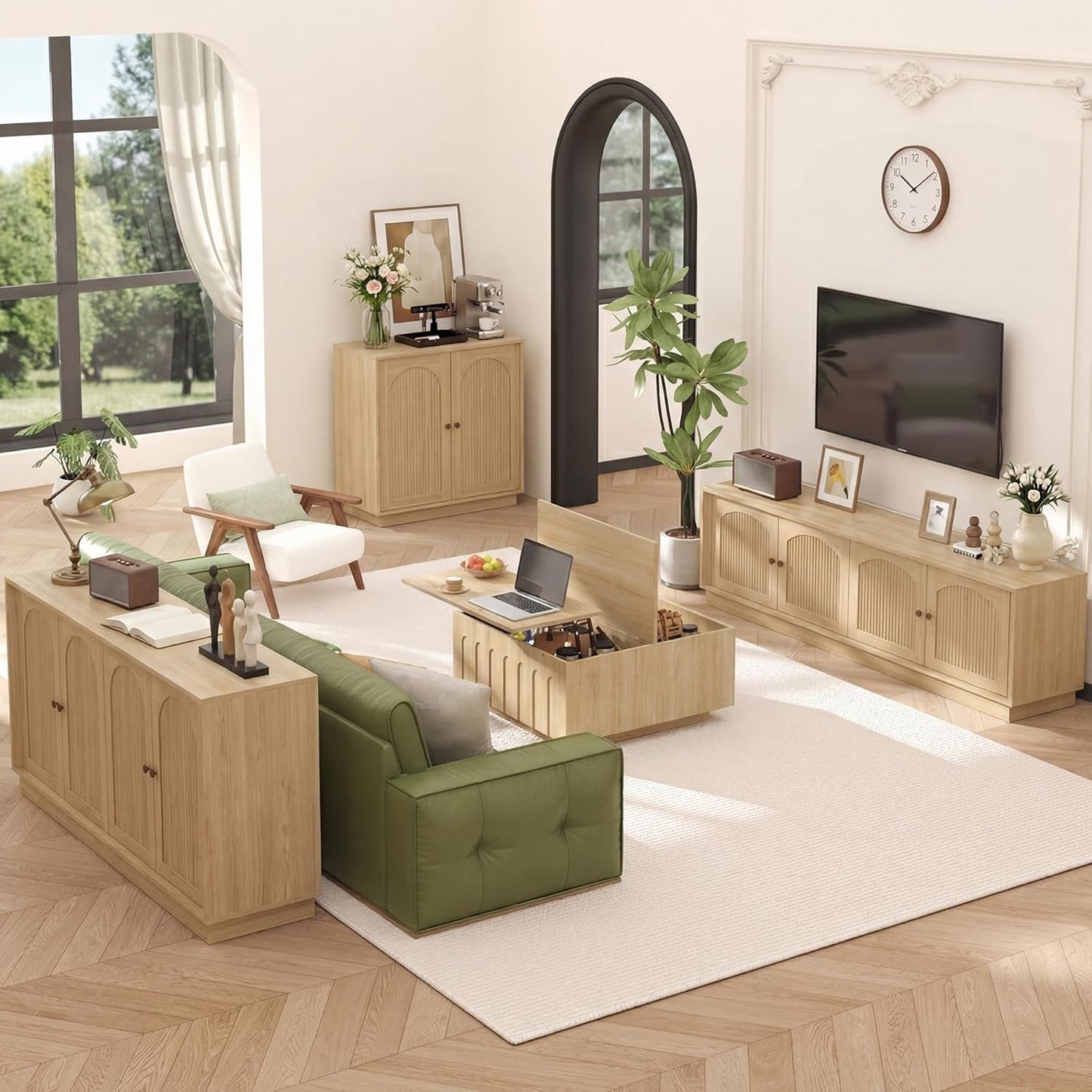4-Piece Modern Living Room Set with 63" Buffet Sideboard Cabinet, 31.5" Accent Cabinet, 67" TV Stand for 75 inch TVs w/Fluted Arched Doors, Square Lift Top Coffee Table with Storage (Oak)