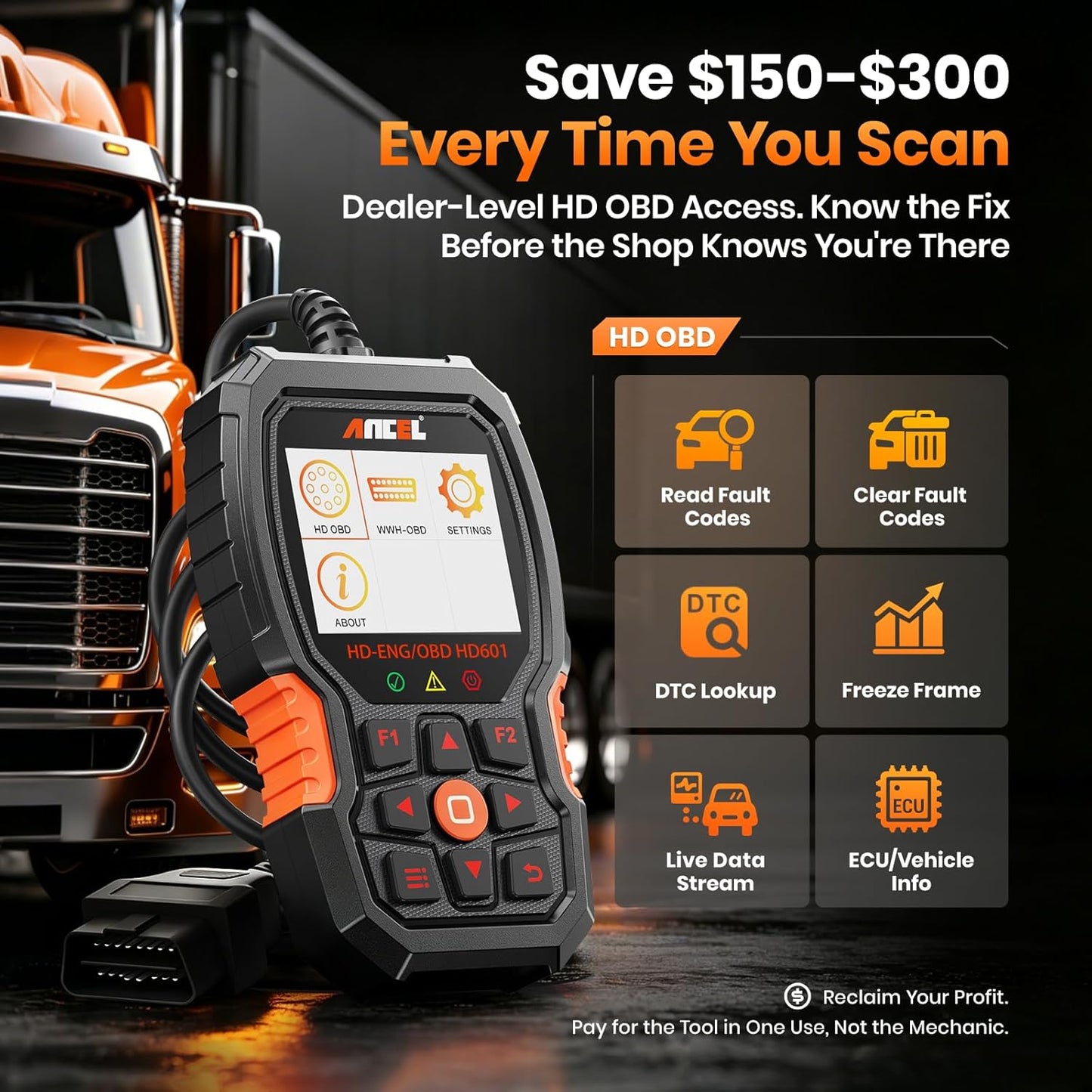 ANCEL New HD601 Heavy Duty Truck Scanner, Diesel Full System Diagnostic Scan Tool Fits for Cummins, Detroit, Volvo, Paccar & Caterpillar, 2 in 1 HDOBD & OBD2 Code Reader for Commercial Vehicles & Cars