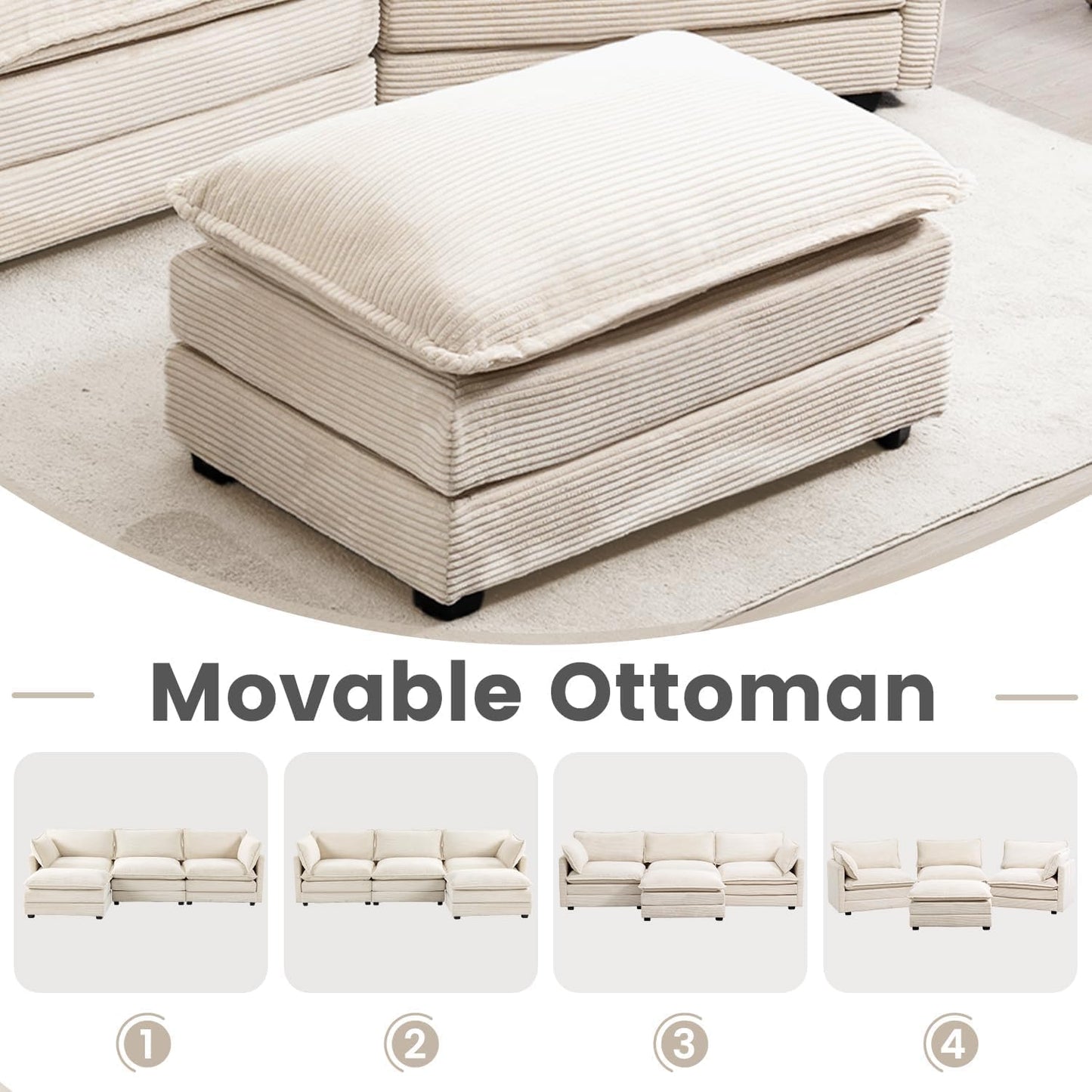 112'' Sectional Modular Cloud Couch, Oversized 5 Seat Couches U Shaped Sofa with 2 Movable Ottomans, 2 Throw Pillows, Upholstered Corduroy U Shape Comfy Deep Couches for Living Room and Office, Beige