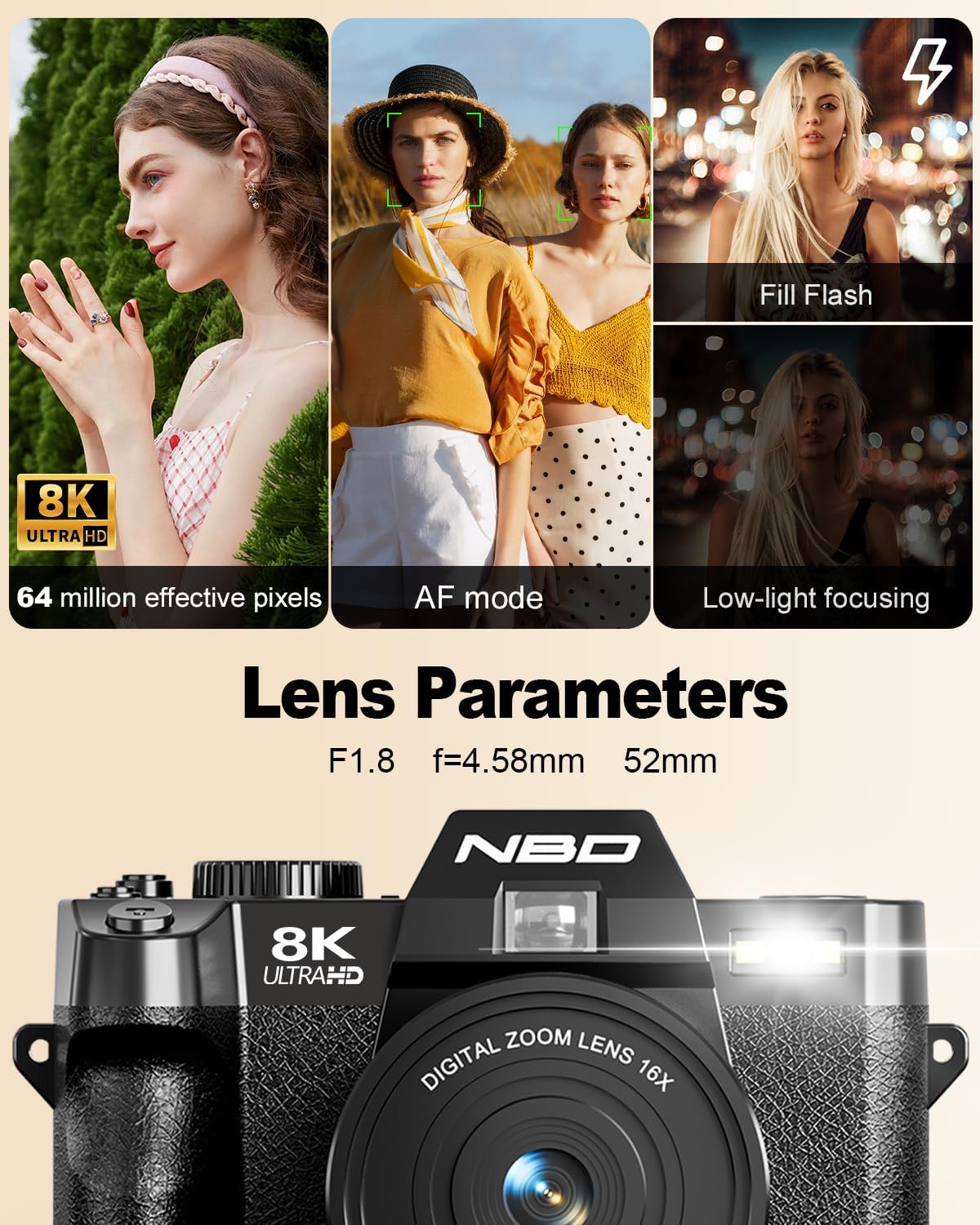 NBD 8K Digital Cameras for Photography,64MP Camara Fotograficas,Travel Vlogging Cameras for YouTube with 180°Flip Screen,16X Digital Zoom,2 Batteries,32GB TF Card,52mm Macro Lens (Black)