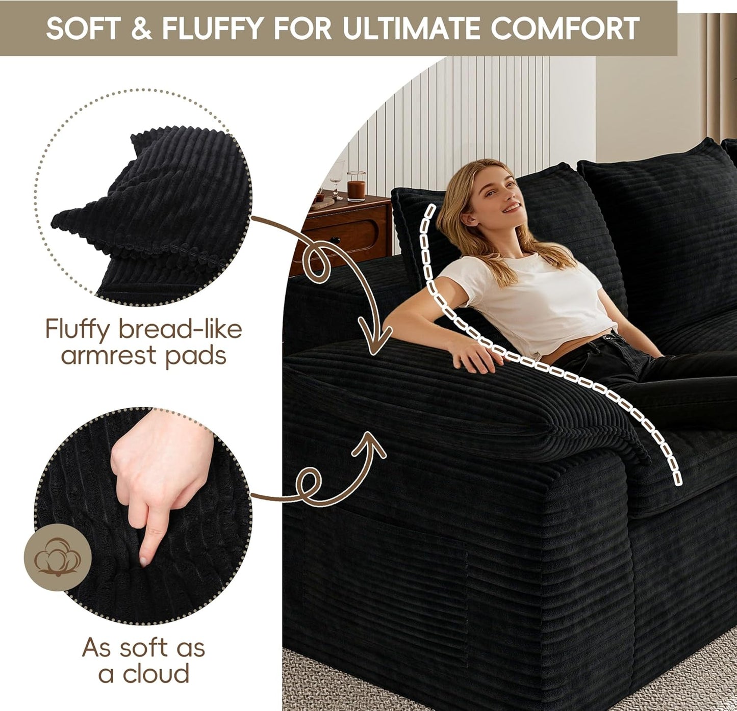 2 Pieces Cloud Sectional Couch Sets, Convertible Modular Sofa with Deep Seat, 104" L-Shaped Boneless Couches and 76" Loveseat Set for Living Room. Black