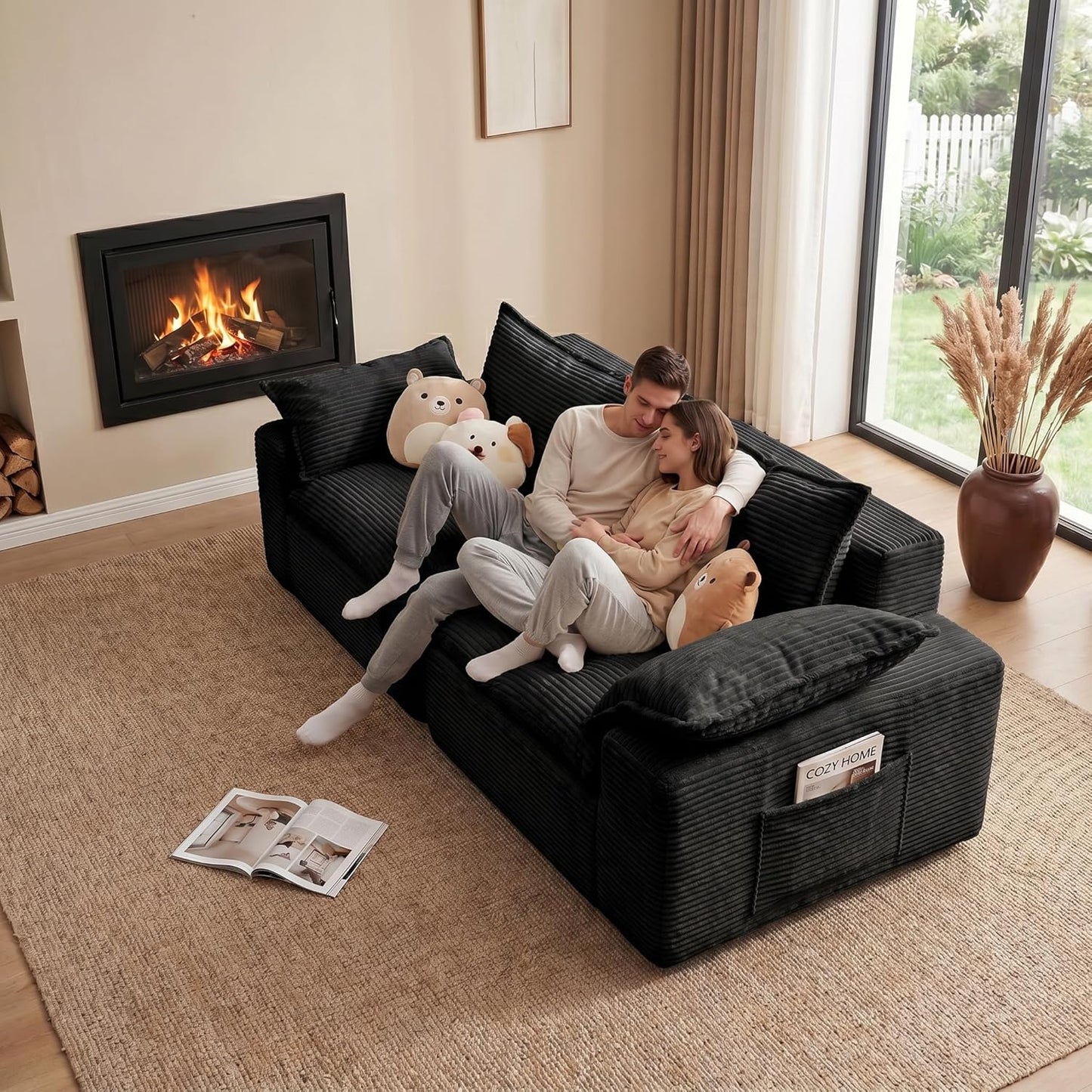2 Pieces Cloud Sectional Couch Sets, Convertible Modular Sofa with Deep Seat, 104" L-Shaped Boneless Couches and 76" Loveseat Set for Living Room. Black