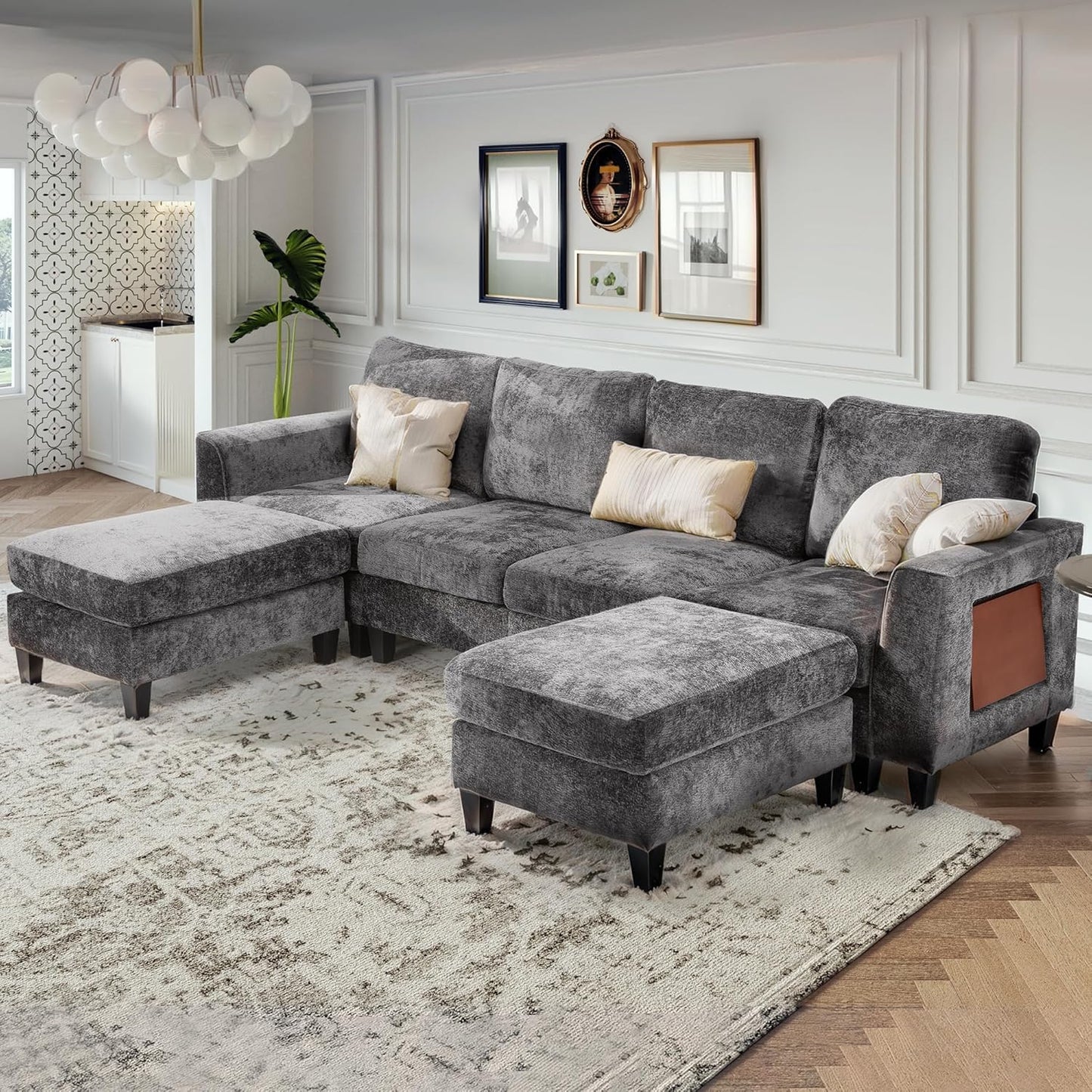 COLAMY 118" Modular Sectional Cloud Couch, Midcentury Modern 4-Seat U-Shaped Sofa, with USB Type C Ports, Foldable Side Table and 2 Ottomans, for Home Living Room, Grey