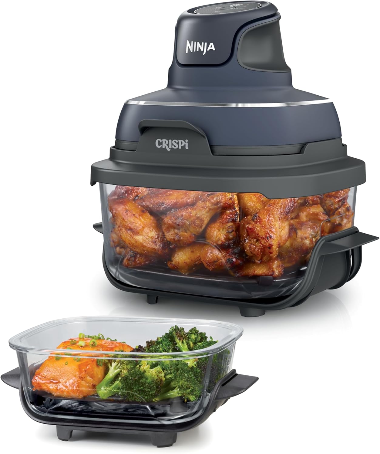 Ninja Crispi 4-in-1 Glass Air Fryer | With Non-Toxic 4QT & 6-Cup Glass Containers & Lids | Microwave, Freezer, Dishwasher Safe | 450°F Max Temp |1500 Watt | Cyberspace | FN101GY