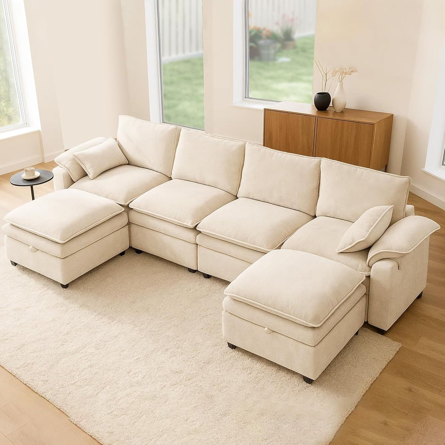 Large U-Shaped Sectional Couch Set - 6/7/8 Seater Oversized Cloud Sofa for Living Room, Big Comfy Chenille Fabric Couches, Extra Long Modular Sofa Bed Furniture (Beige, 6-Seater Sofa)