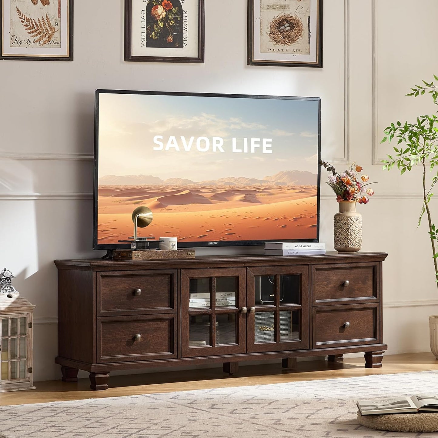 SAVOR LIFE Farmhouse TV Stand and Coffee Table Set 4, Rustic Wood Living Room Table Set with TV Console, Center Table, End Table Set of 2 for Living Room, Walnut