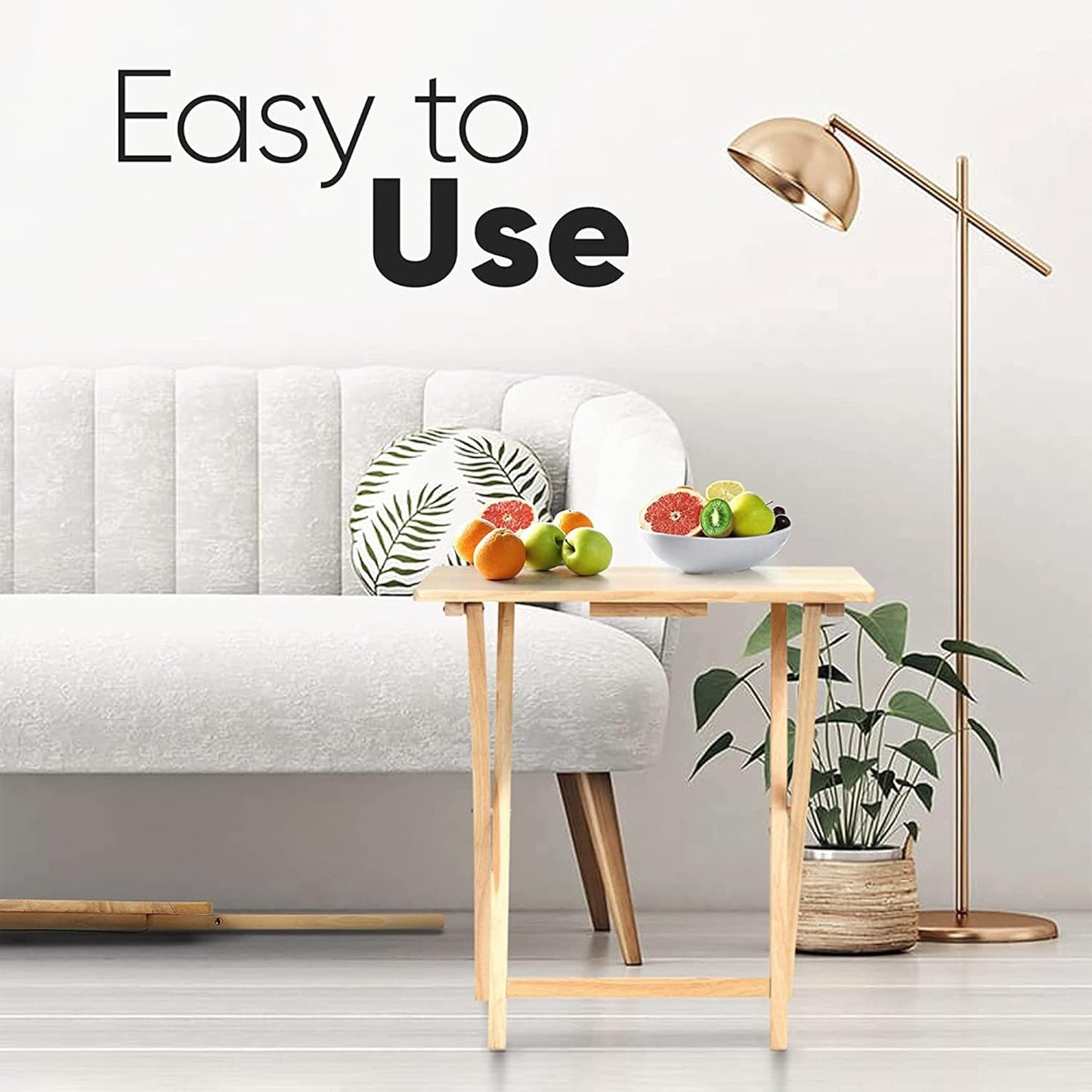 PJ Wood 5-Pack TV Tray, Folding Wooden Dinner Table Set with Storage Rack, Natural - Portable and Adjustable Home Furniture for Living Room, Bedroom, and Kitchen