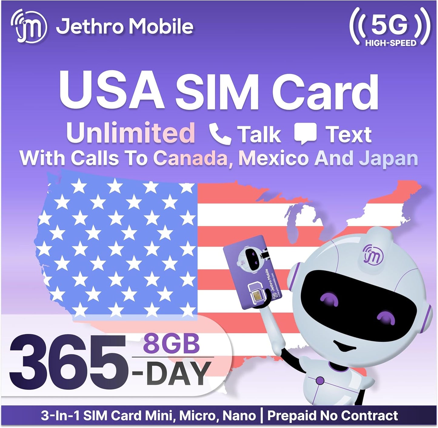 Jethro Mobile Unlimited Talk, Text & 8GB High-Speed Data, Prepaid 365-Day Plan, Works with Senior Cell Phones, Kids, Students & Feature Phones, 3-in-1 SIM Kit