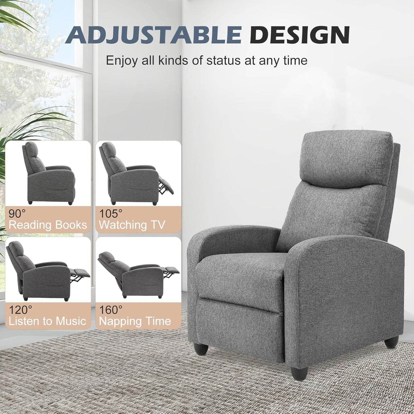 Sweetcrispy Massage Recliner Chair for Adults, Adjustable Home Theater Seating with Lumbar Support for Living Room, Modern Fabric Reclining for Small Space, Grey
