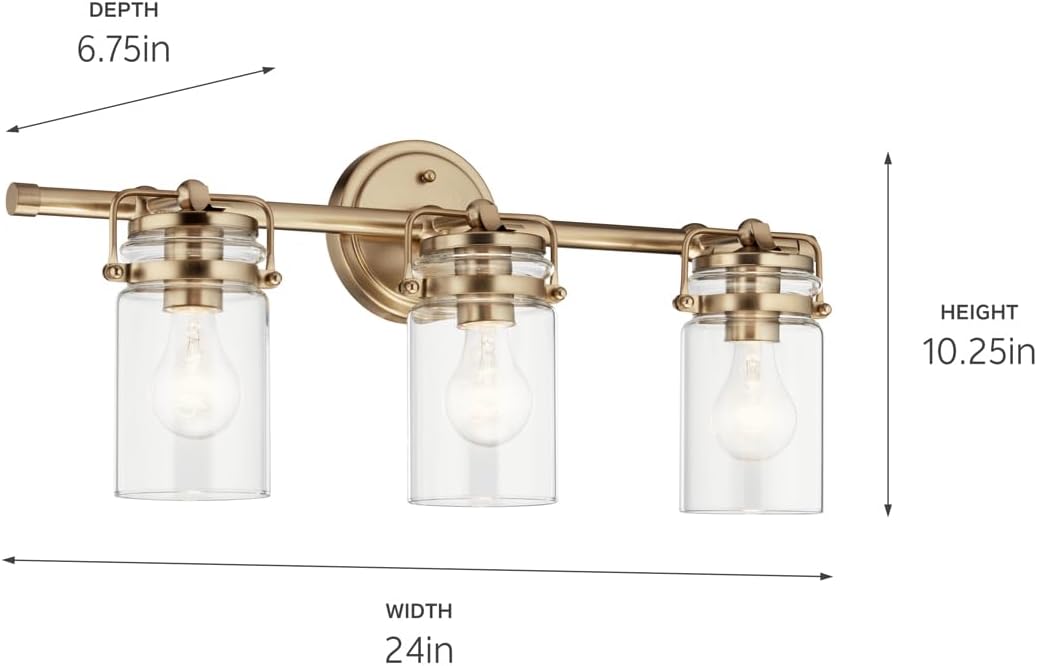 Kichler Brinley 24" 3-Light Bathroom Vanity Light Fixture with Clear Glass in Champagne Bronze, Modern Farmhouse Mason Jar Style for Mirror Lighting (24" W x 10.25" H), 45689CPZ