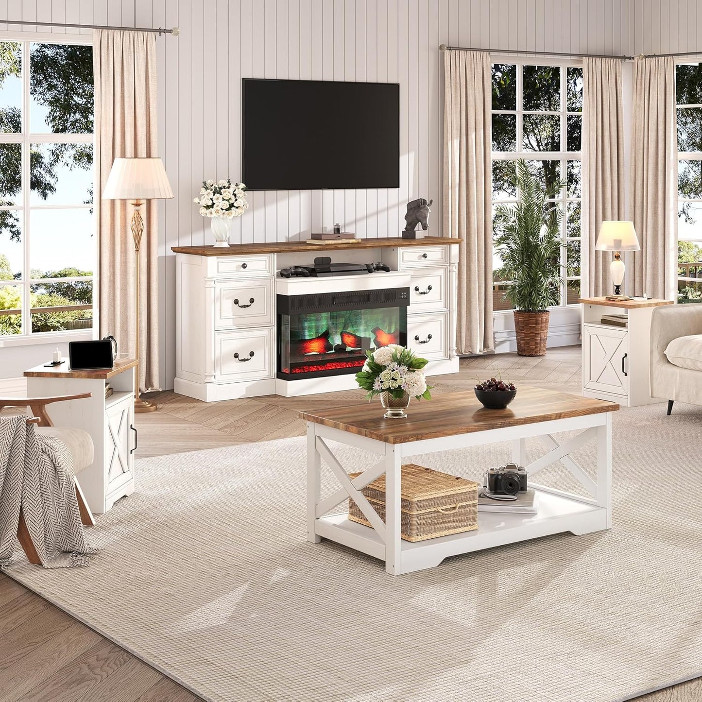 LUXOAK 3-Piece Farmhouse Living Room Table Sets, Includes 1 x Coffee Table, 2 x End Tables with Charging Station & USB Ports, Rustic Coffee Table Set of 3, Distressed White