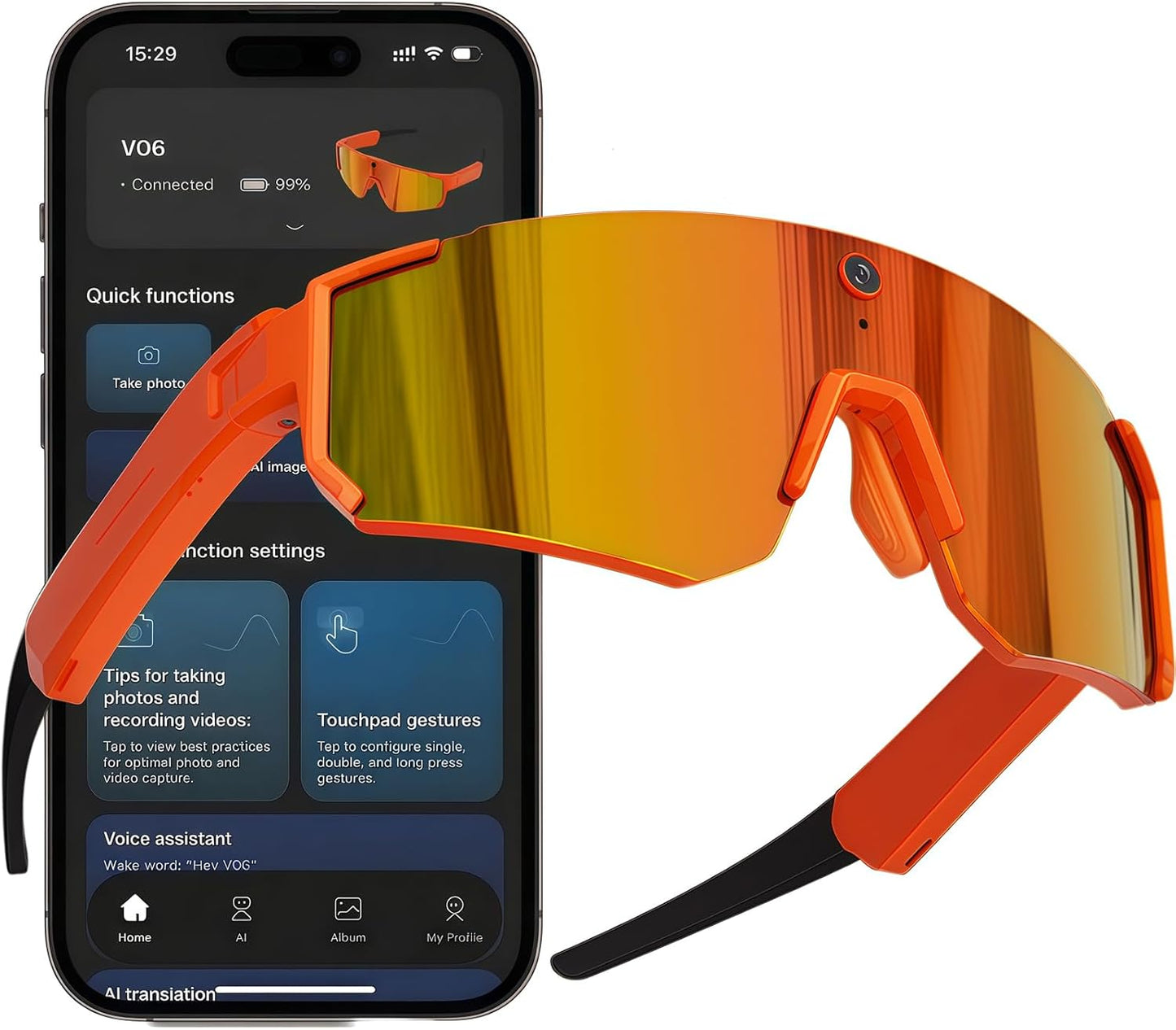 Sport AI Smart Sunglasses with 4K POV Camera — Audio & Video, Real-Time Translation, AI Voice Assistant, Internal Storage, Unisex for Cycling & Outdoor Sports (Orange/Tangerine)